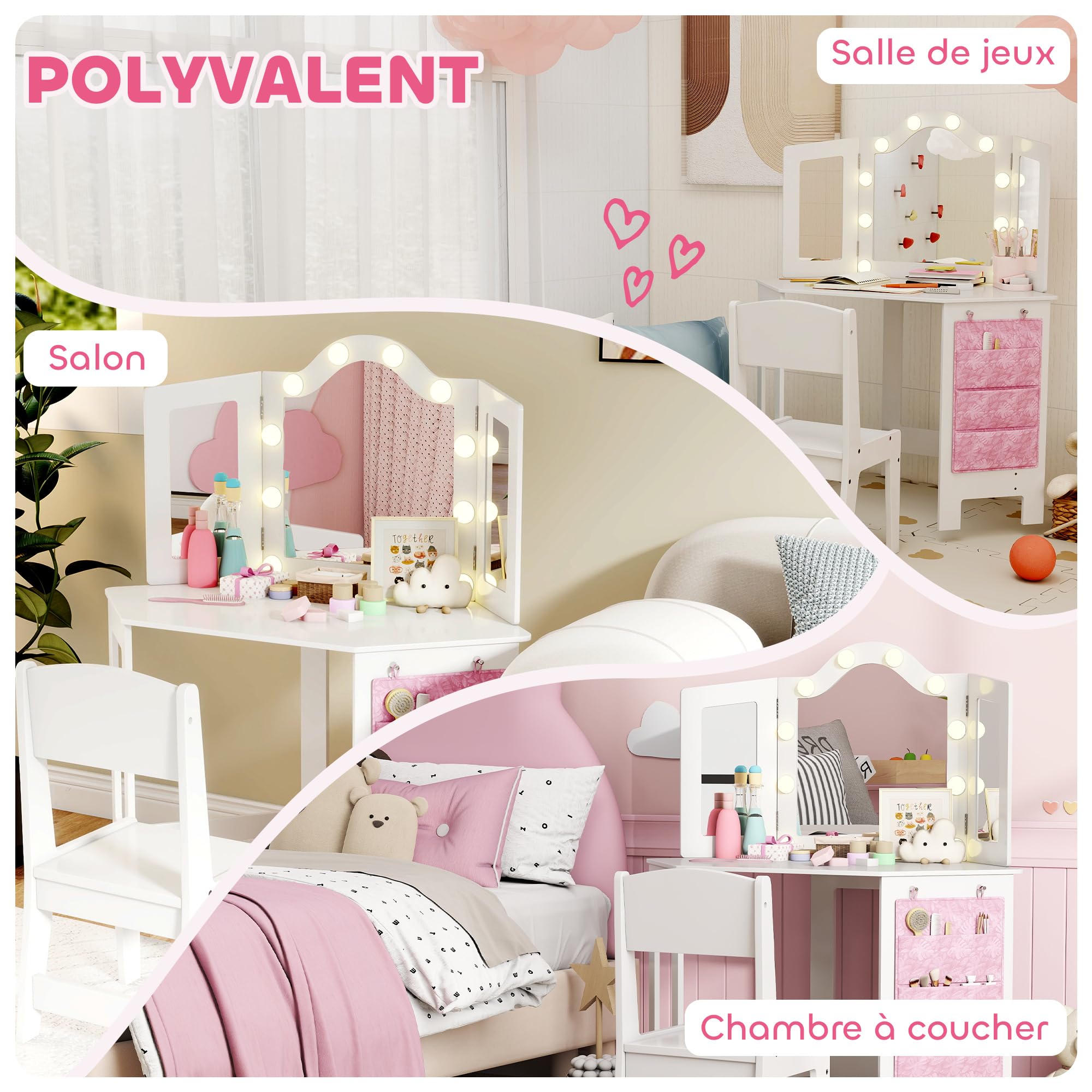 AIYAPLAY Coiffeuse Enfant 2 en 1 avec Tabouret, Bureau Fille avec Miroir triptyque et lumières LED Bicolores, Pochette de Rangement latérale, Table de Maquillage pour Enfants de 3 à 8 Ans, Blanc