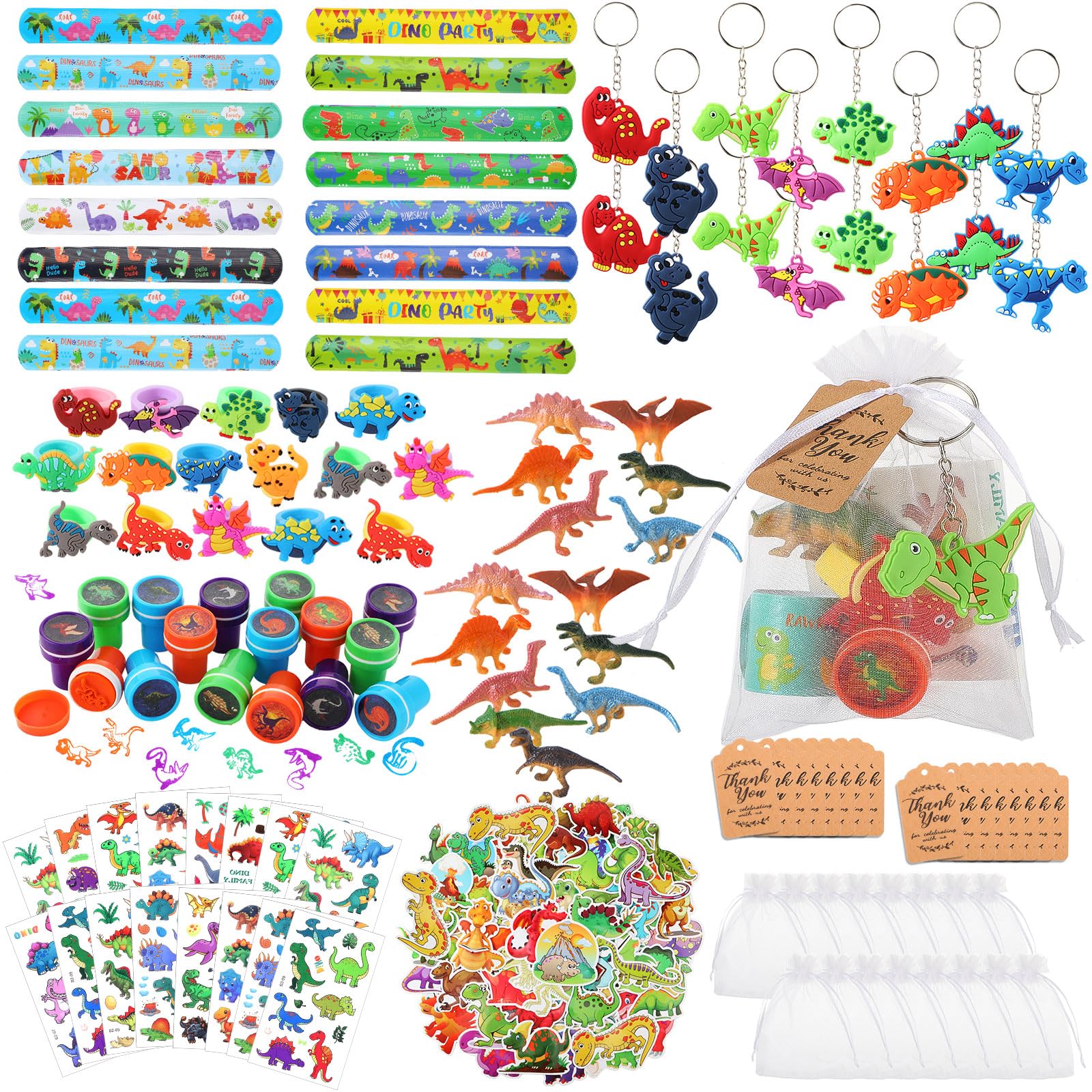 Hungdao 178 Pcs Dinosaur Birthday Party Favors for 16 Kids with Dinosaur Keychain Sticker Stamp Ring Slap Bracelet Tattoo Sticker Gift Bag Tag for