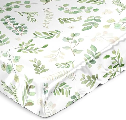 Sweet Jojo Designs Verde Boho Floral Leaf Boy Girl Género Neutral Unisex Bebé Satén Sábana bajera Cuna Bebé Recién Nacido Guardería Cama Cama Niño