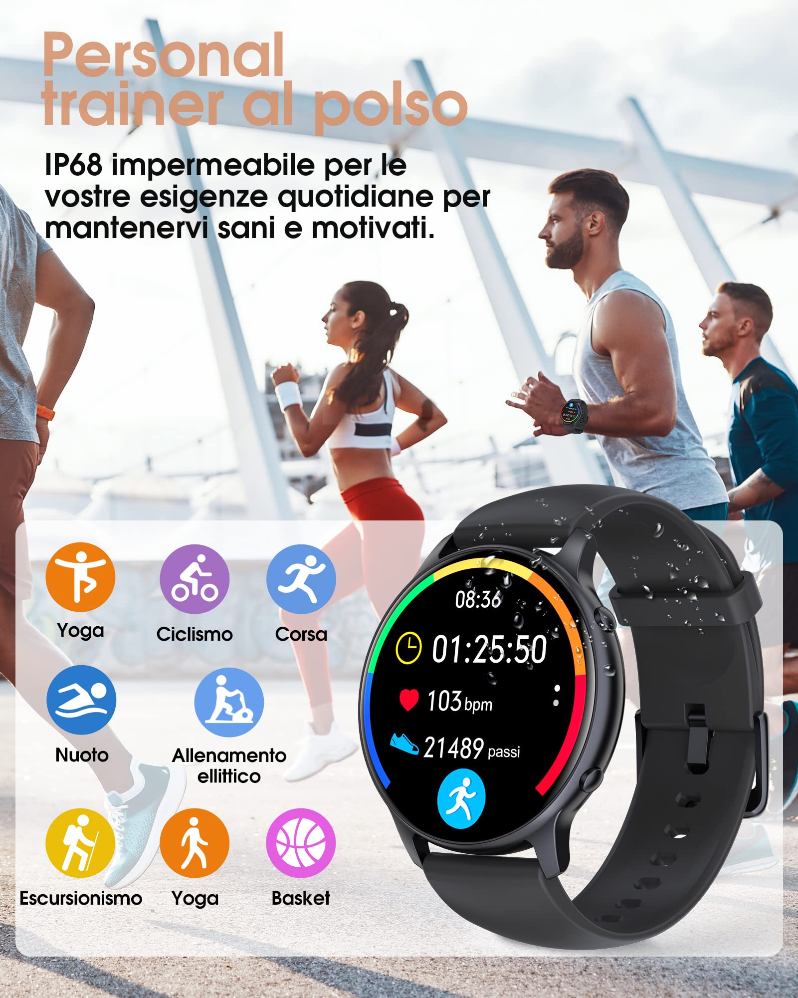 TUYOMA Smartwatch Uomo, 1,3 Zoll Touchscreen Smart Watch Damen, IP68 Wasserdicht Smartwatch Schrittzähler mit Herzfrequenz,Whatsapp, SpO2, Schlafmonitor, per iOS e Android