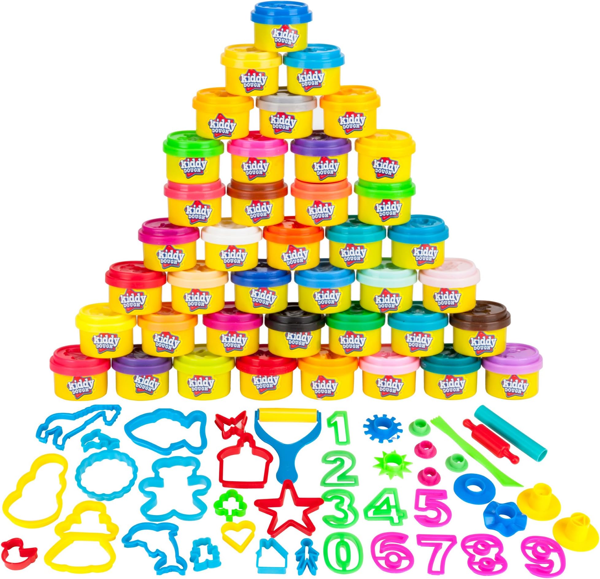 Kiddy Dough 40 Pack of Birthday Party Favors Bulk Dough & Clay Pack - Includes Molded Animal Shaped Lids + 40 Shapes & Numbers Dough Tools - Holiday Edition - (1oz Tubs - 40oz Total), Multi Color