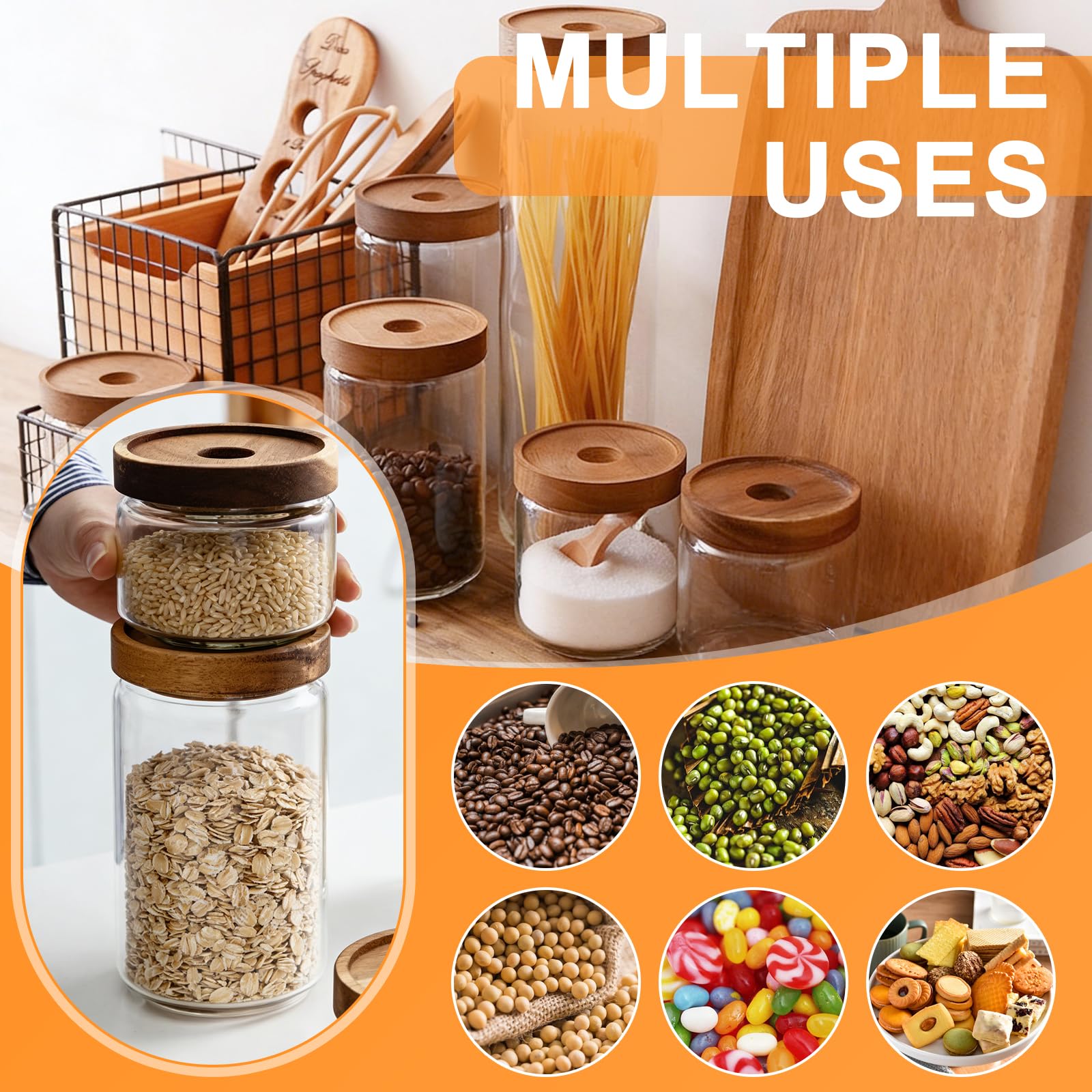efuturetime 4 Barattoli in Vetro Ermetici con Coperchio in Legno 1000ml/750ml/500ml/350ml, Barattoli di Stoccaggio Impilabili Ermetici da Cucina per Spezie per Conservare Cereali, Zucchero, Caffè, Tè