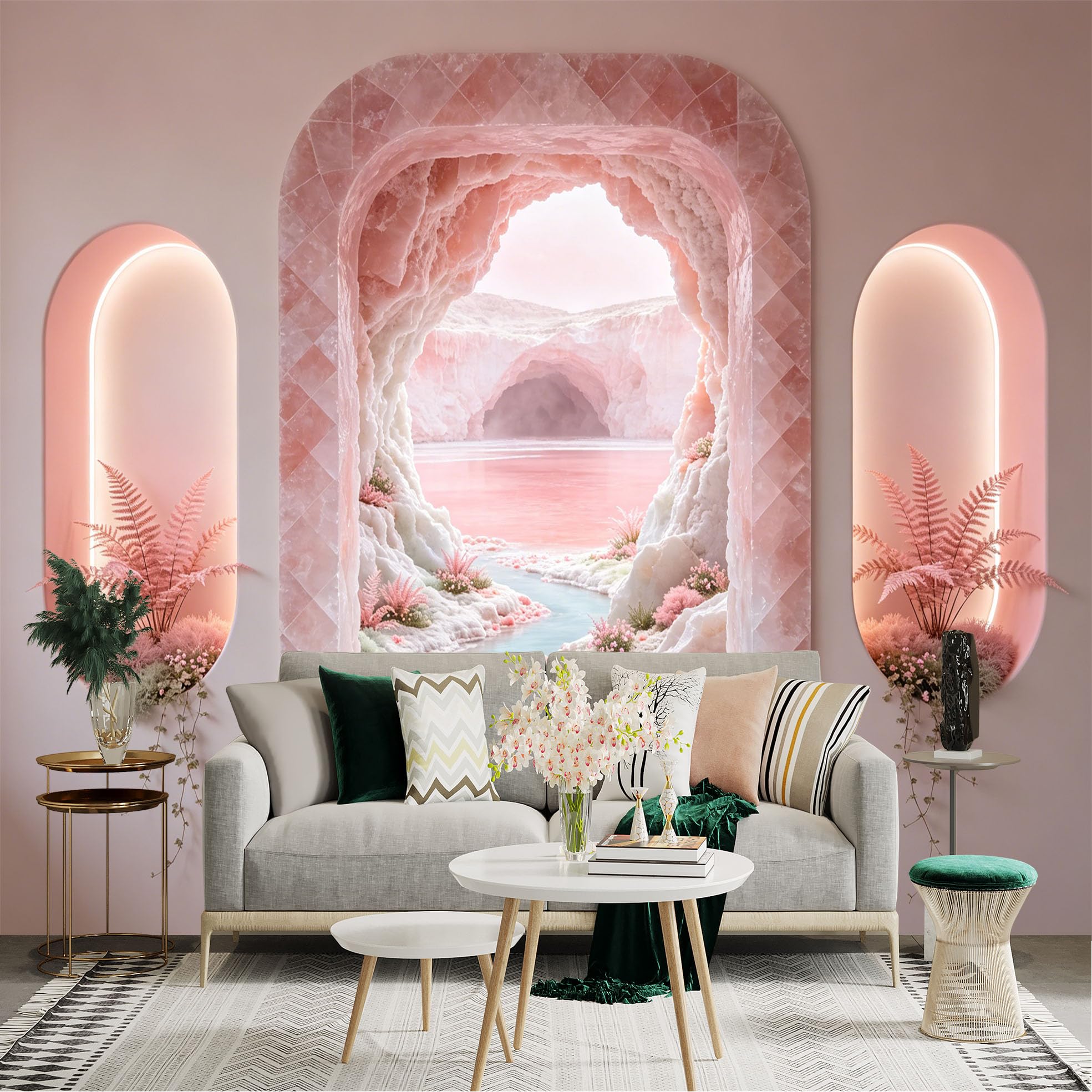 Custom Size Wall Sticker Mural， Pink Crystal Cave with River and Floral Landscape， for wall Decoration， peelandstick wall Decals.