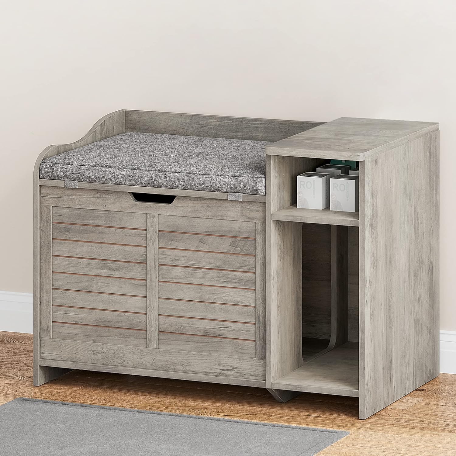 TrailBlaze Cat Litter Box Enclosure, Hidden Litter Box Furniture with Top Opening and Cushion, Pet House Side End Table with Storage Shelf and Cat Litter Mat, Wooden Storage Cabinet Bench, Grey