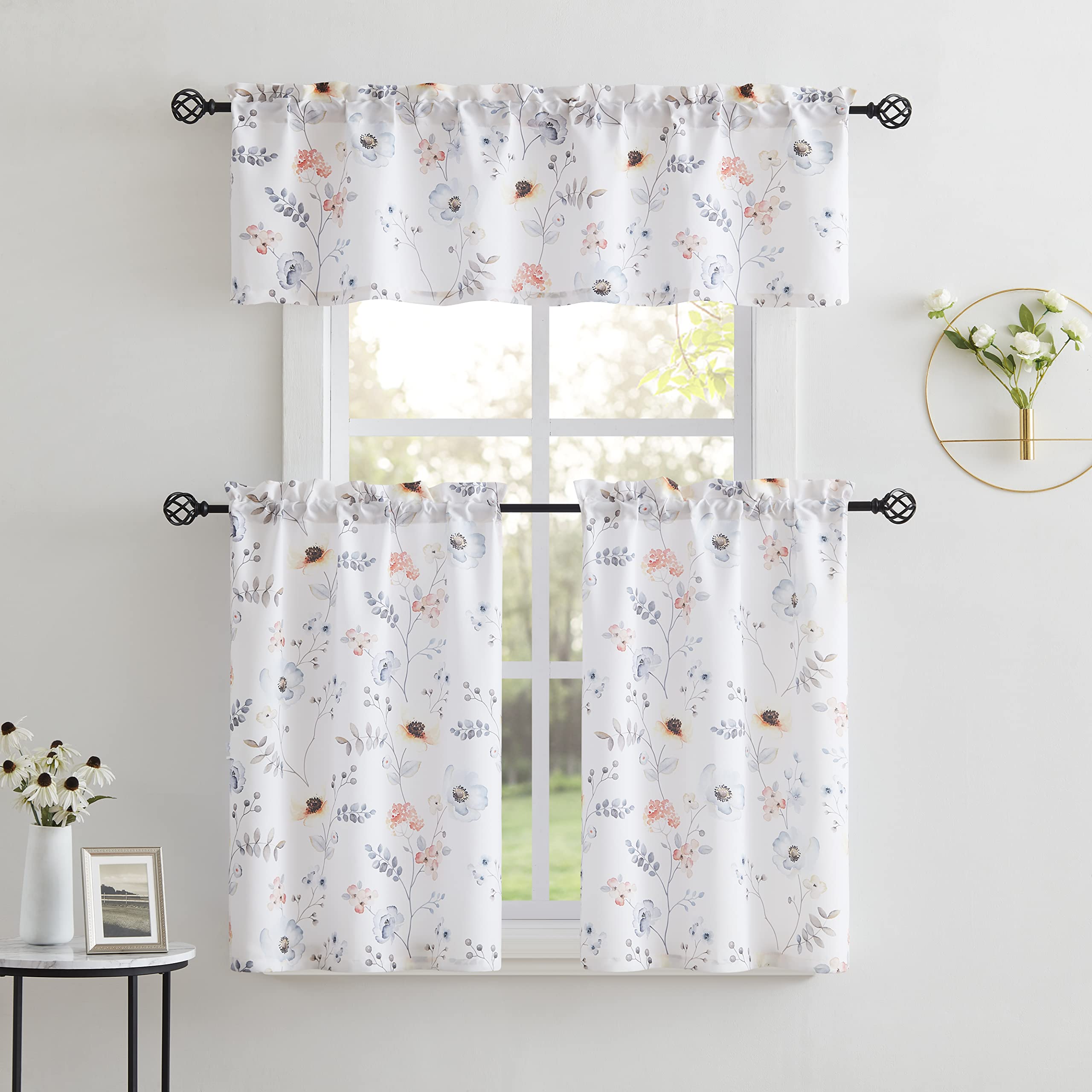 Bapawfish Home Watercolor Floral Kitchen Curtain Sets Including Valances and Tiers