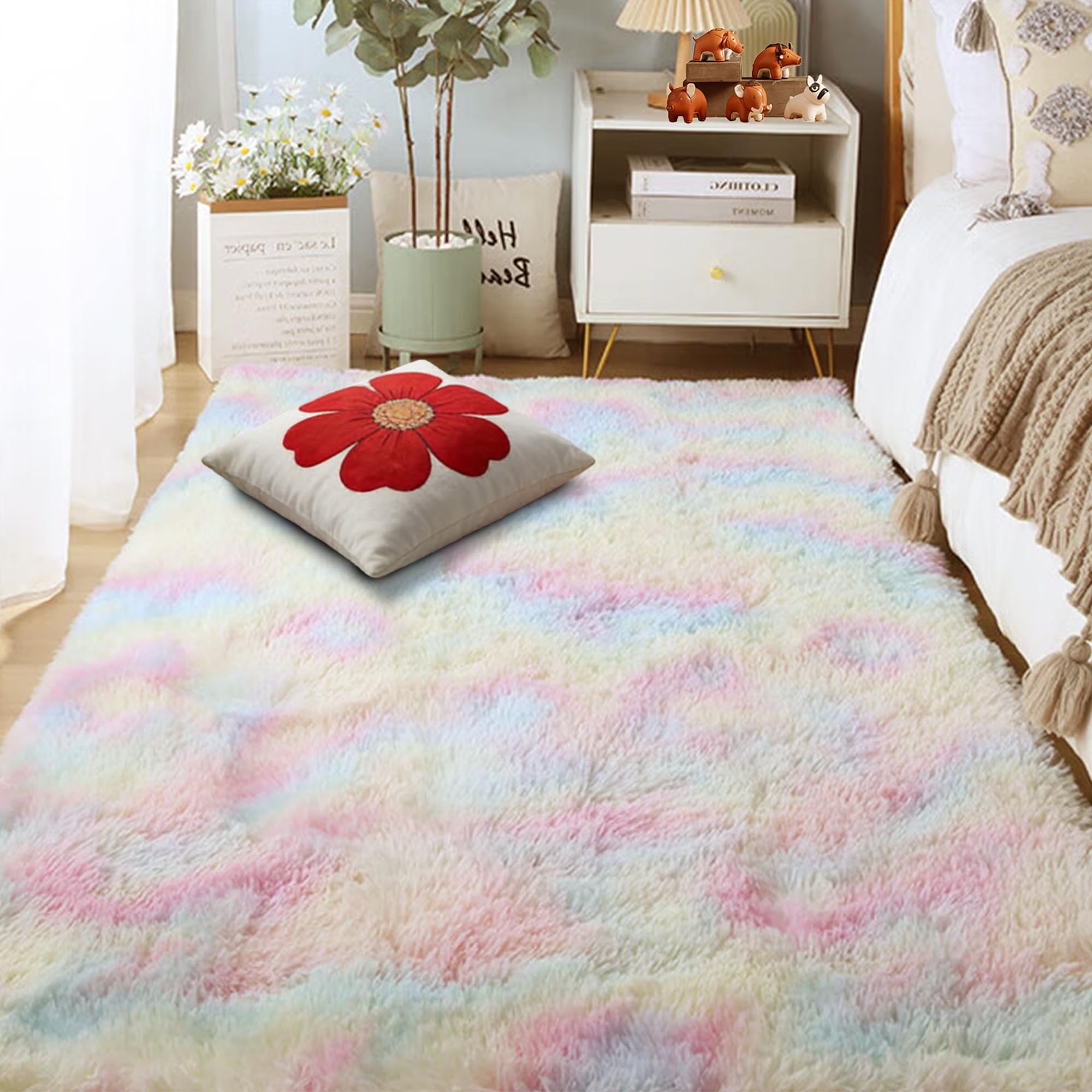 Tapis de sol 170 x 250 cm multicolore à poils longs épais pour salon