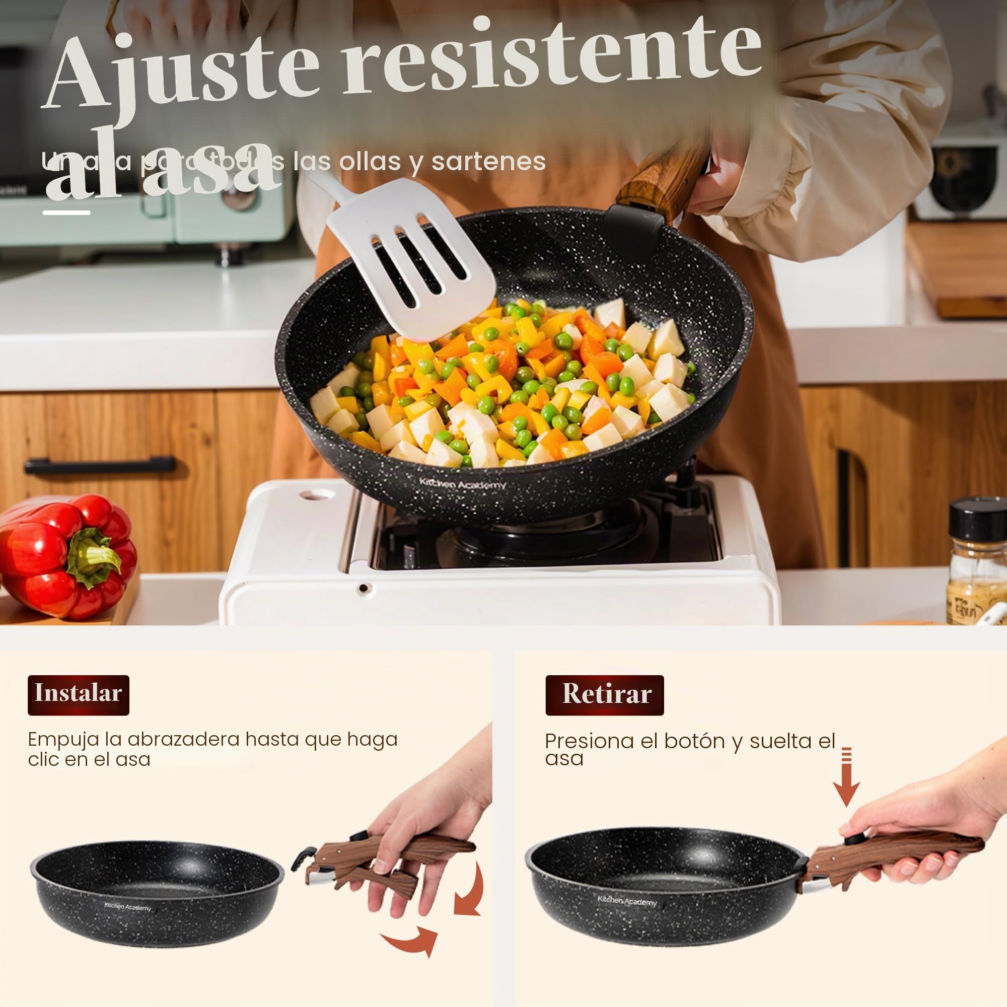 Kitchen Academy Juego de utensilios de cocina de inducción con mango desmontable, 10 ollas y sartenes antiadherentes, utensilios de cocina apilables de granito negro para campamento