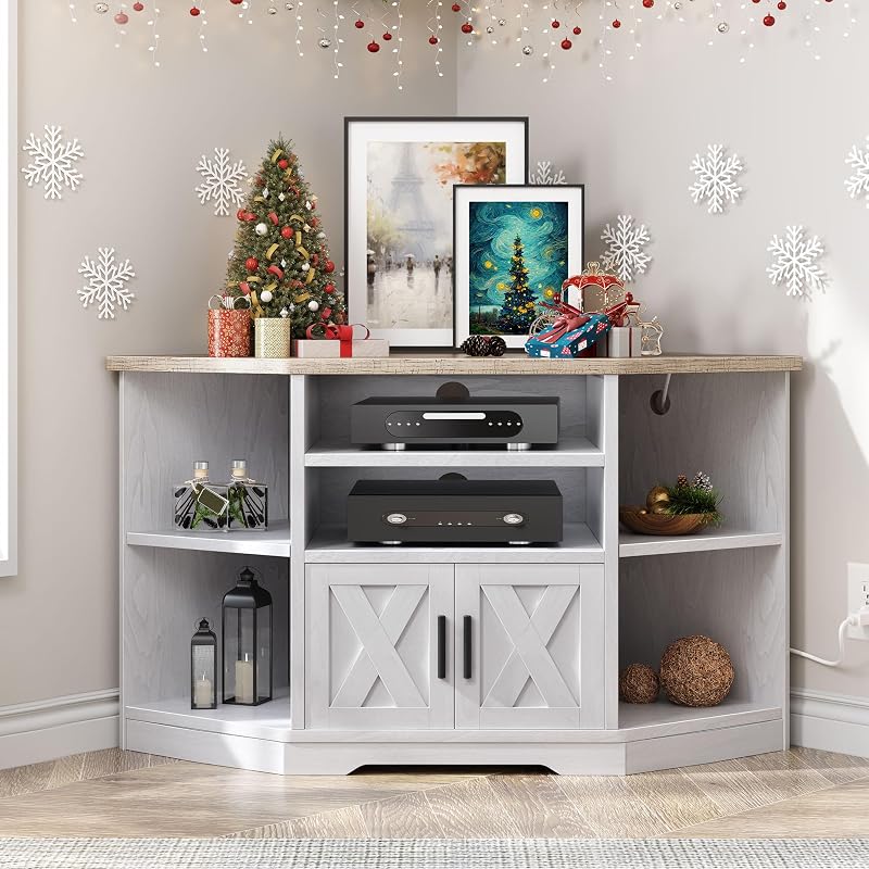 YITAHOME Corner Farmhouse TV Stand with Power Outlet, Storage, Grey Wash