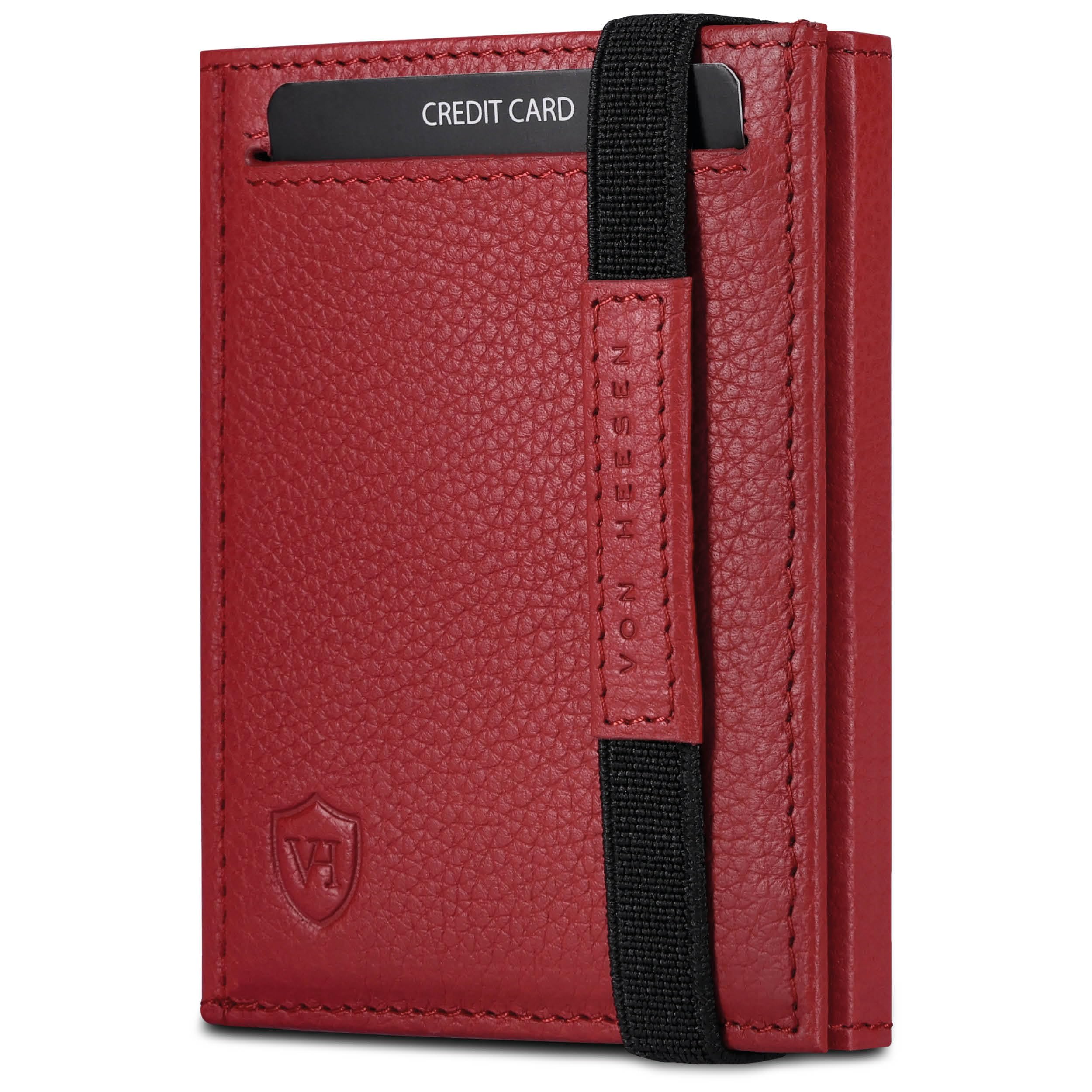 VON HEESEN Slim Wallet mit RFID Schutz - Geldbörse Herren klein - Mini Geldbeutel Damen Portmonee - Kartenetui Echtleder Karten Portemonnaie - Leder Kreditkartenetui Rot
