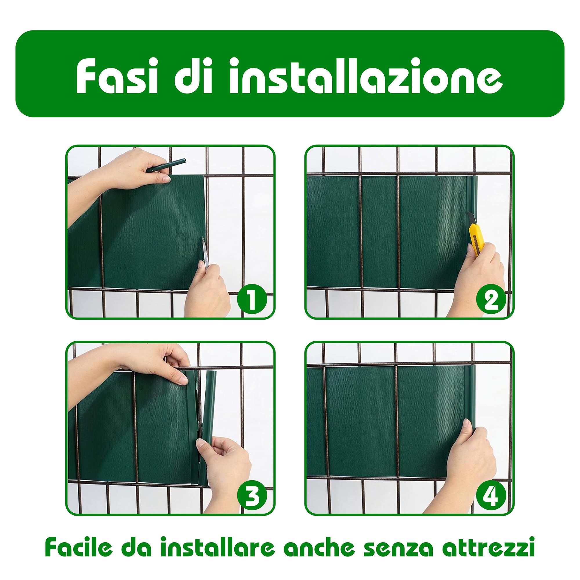 Strisce Frangivisto per Recinzione in PVC, Rotolo Verde 19x350cm, 450g/m². Resistente agli Agenti Atmosferici, con 20 Clip di Fissaggio.