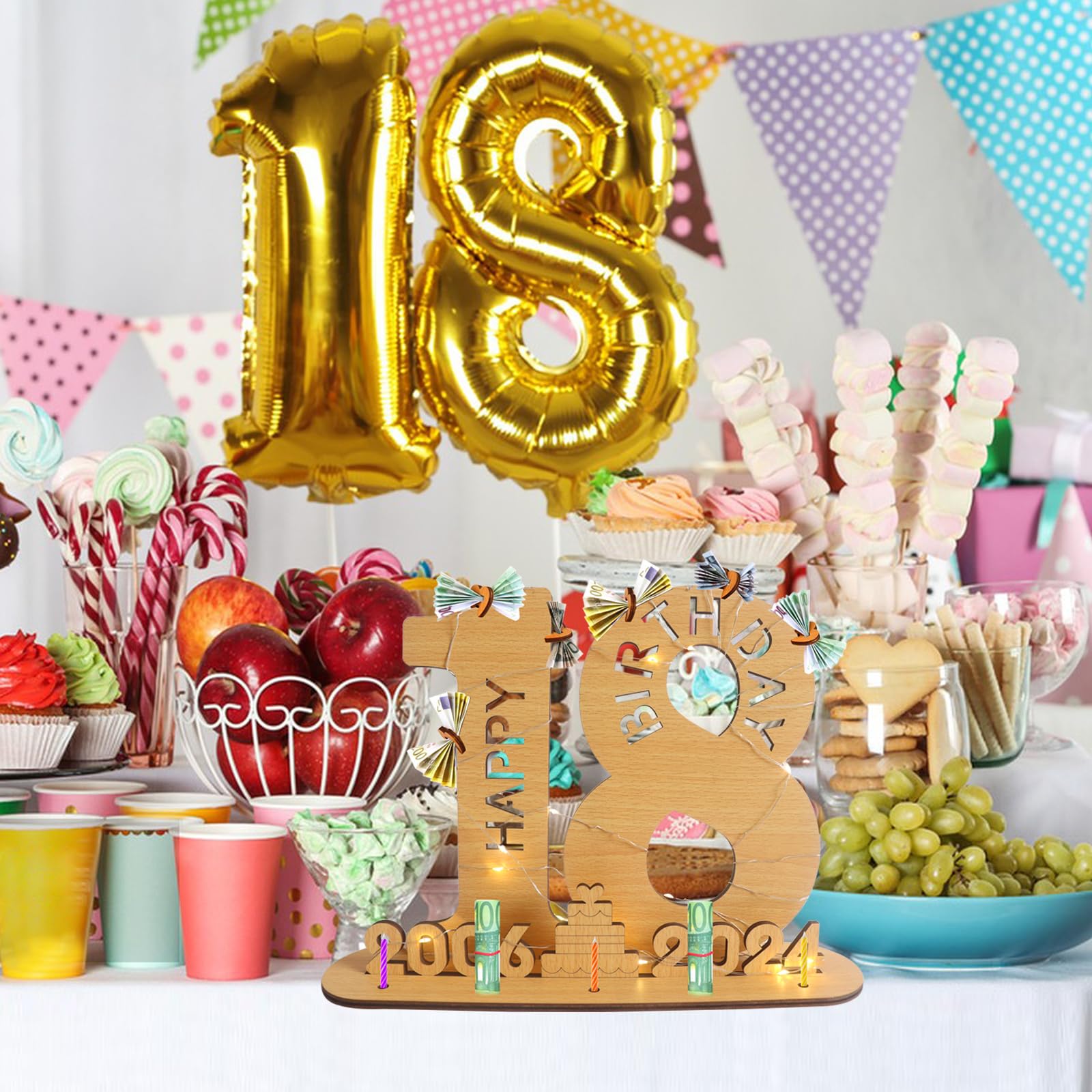 Set Regalo Per 18° Compleanno – Targa In Legno 29×21 Cm Con Luci LED 3m, Fermasoldi E Biglietto – Decorazione Per Feste