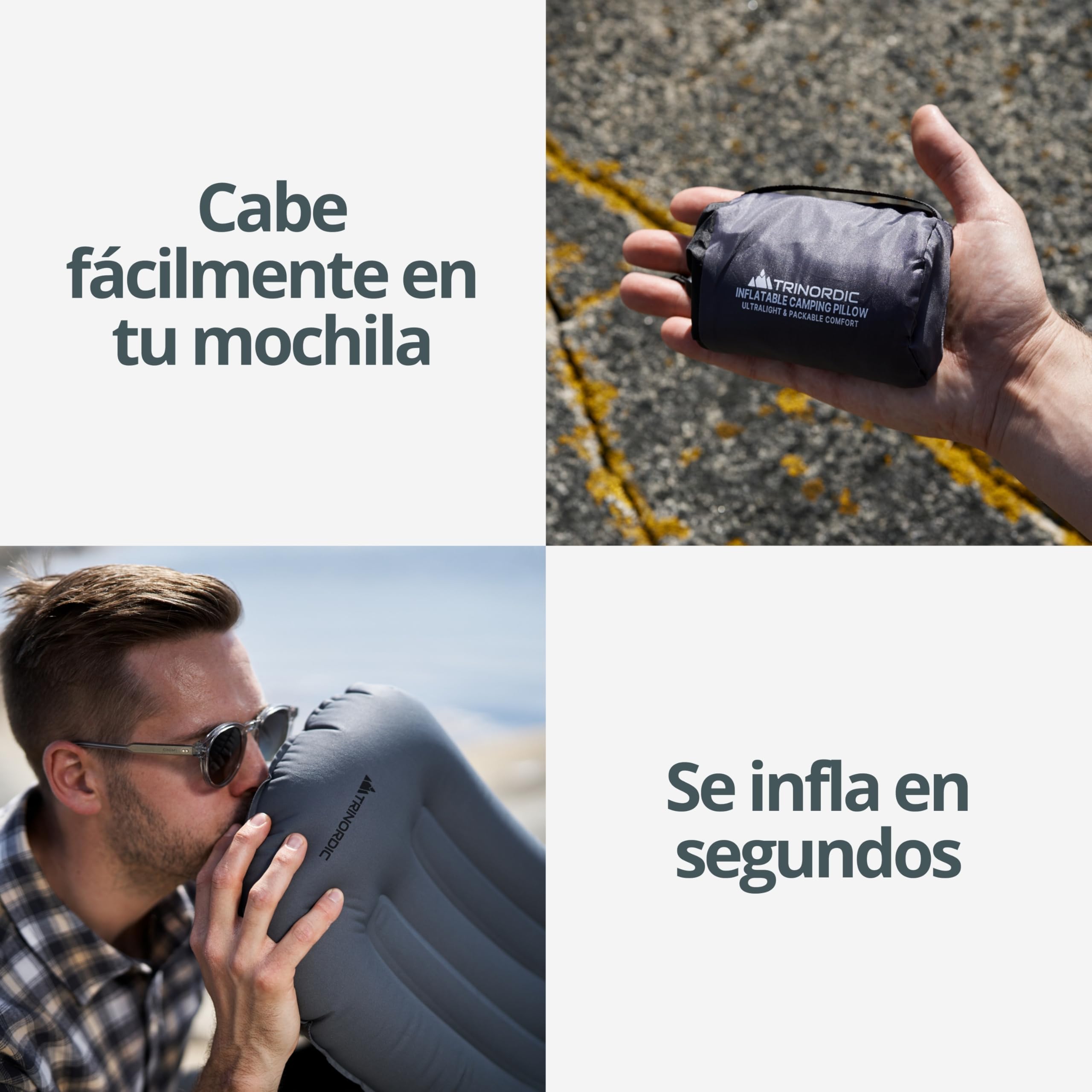 Trinordic Almohada Hinchable Ultraligera Camping – Funda Suave y Válvula Ajustable – Almohada Viaje Cómoda y Compacta – Accesorio para Senderismo, Mochilero y Bikepacking