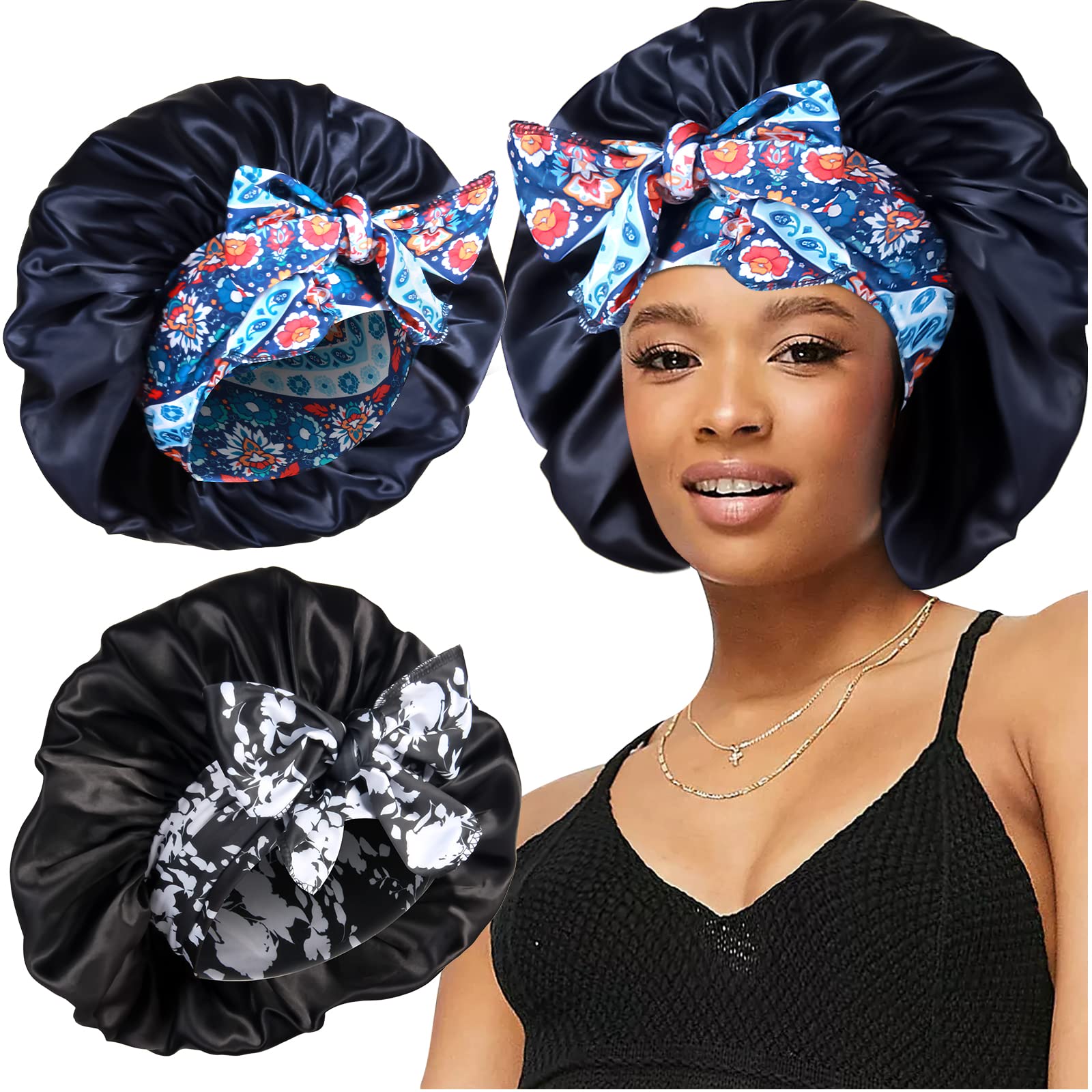 2pcs Large Silky Bonnets with tie Band Braid Bonnet, Satin Bonnet for Sleeping Curly Hair, G