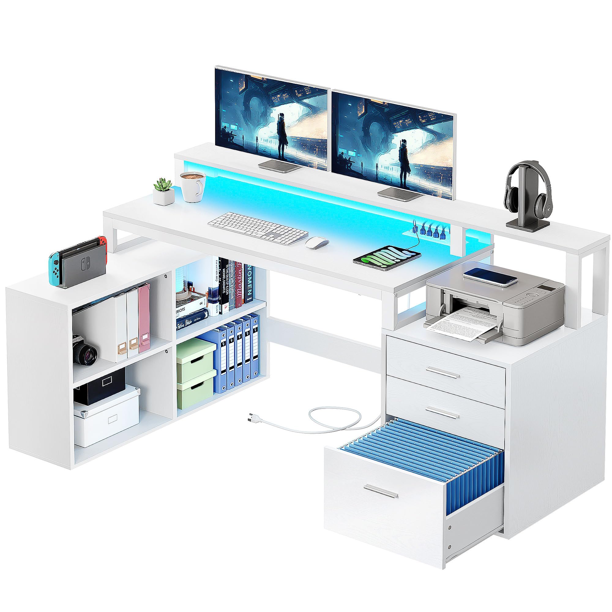 Buy YITAHOME L Shaped Desk with Power Outlets & LED Lights & File