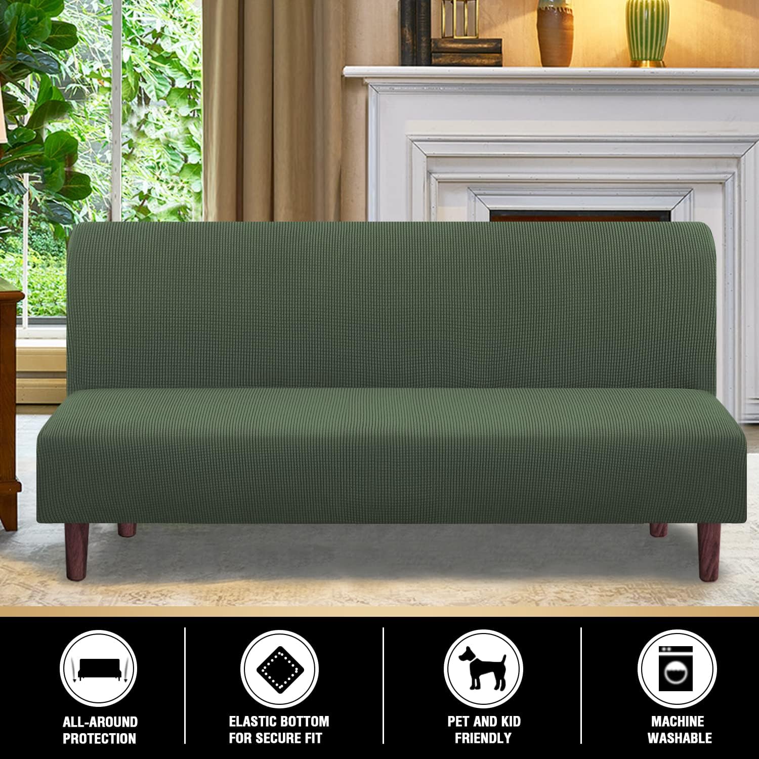 PrinceDeco Jacquard Futon Cover Stretch Armless Futon Sofa Cover Soft Futon Slipcover with Elastic Bottom Thick Sofa Bed Furniture Protector Covers, Machine Washable, Bronze Green