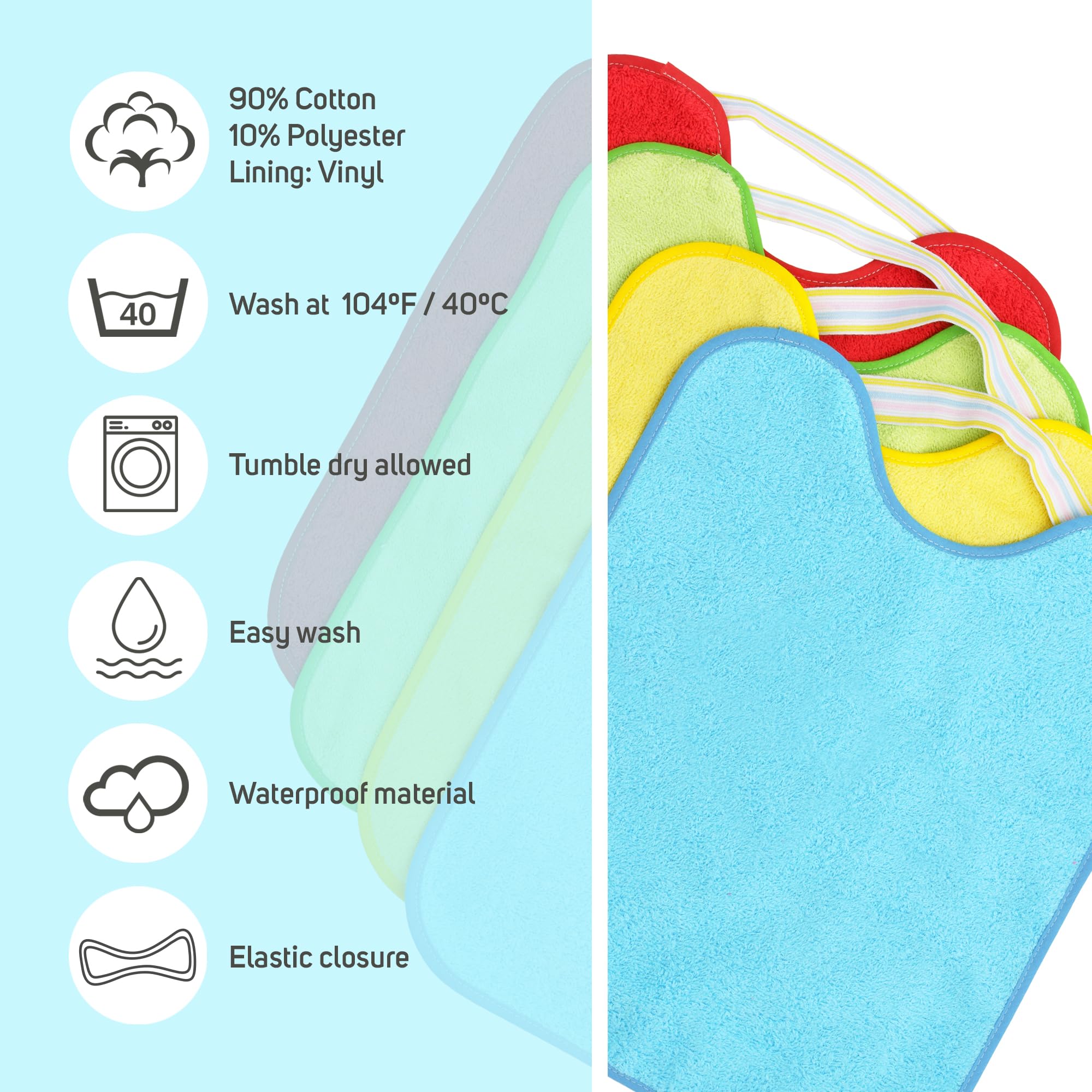 Ti TIN| Lot de 4 Bavoirs Éponges Imperméables| 33x36 cm | 90% Coton 10% polyester - Bavoirs Bébés de plus de 1 an - Fermeture Élastique - Doublure Vinyle - Motif et Couleur unie - 320gr/m²