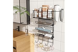 Wall Mounted Hair Tools Storage | 4-Shelf Wire Basket with Hook