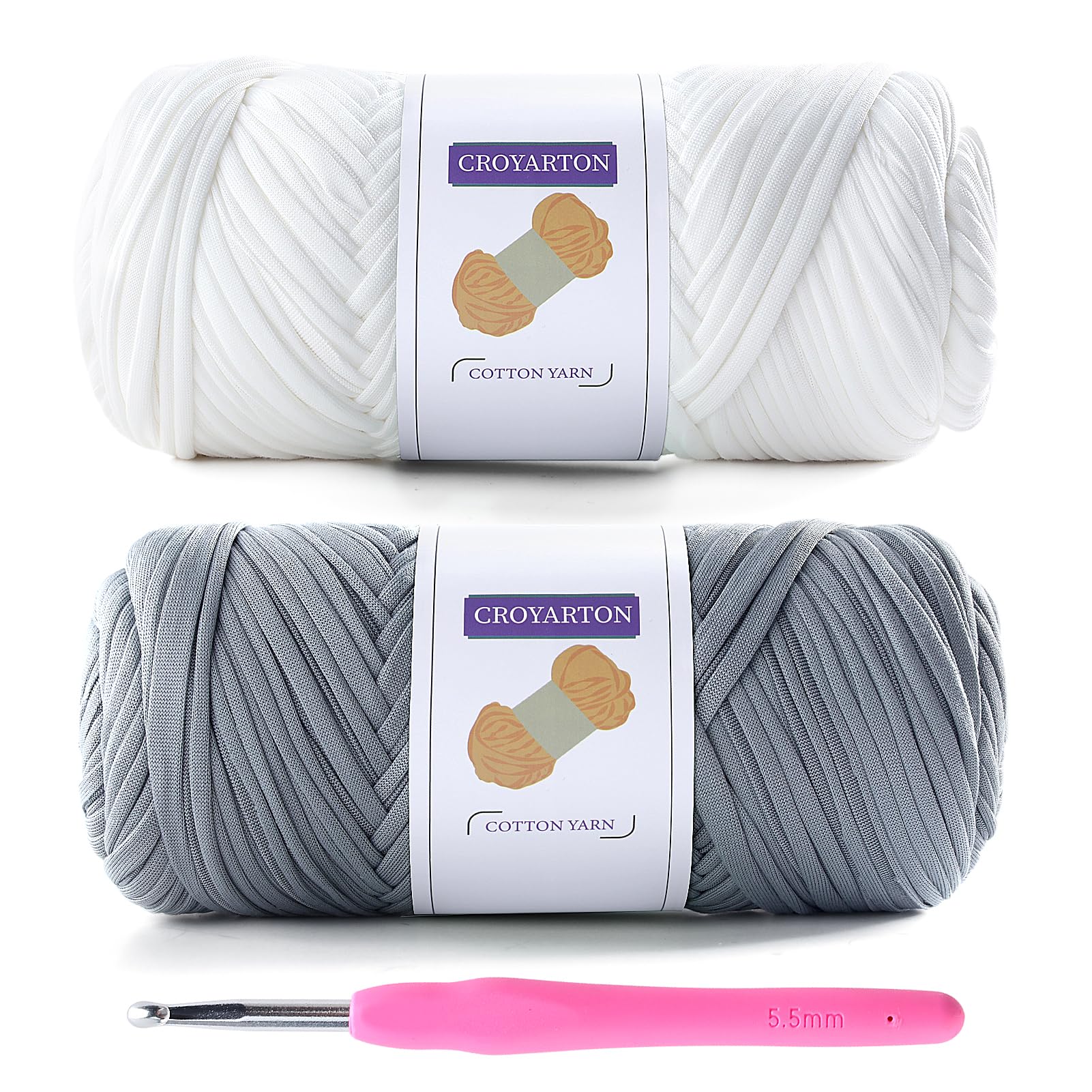 2 Pack Tshirt Yarn for Crocheting, Elastic T Shirt Spaghetti Thick Knitting Yarn Total Length 130 Yds for Crochet Bag Baskets Home Decor with 1 Crochet Hook (White+Light Gray)