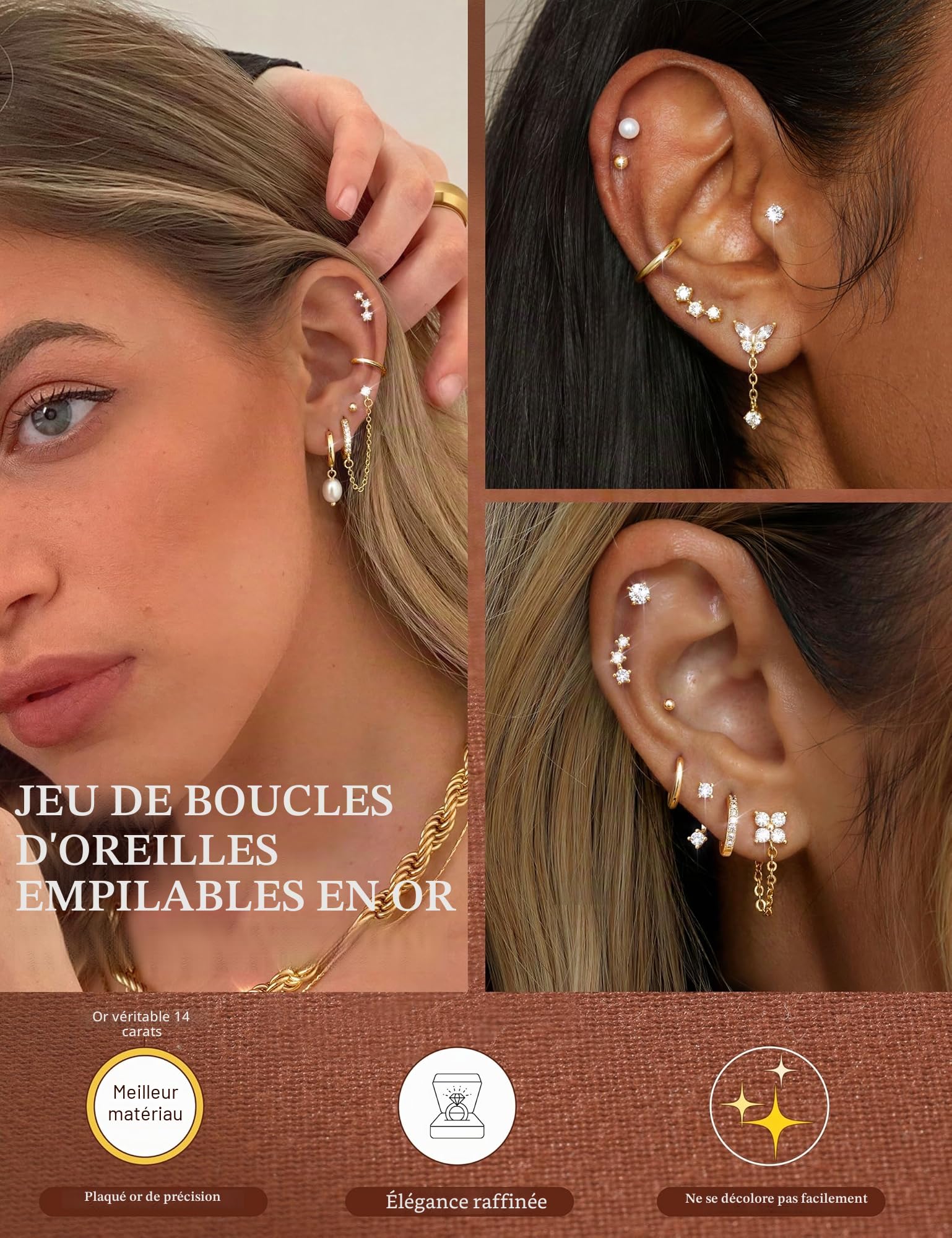 Adramata Boucles d'Oreilles Femme Or Argent Hypoallergéniques Boucles d'Oreilles Femme Acier Inoxydable Boucle d'Oreille Pendante Chaîne Creoles Petites Conch Cartilage Tragus Helix Piercing Oreille