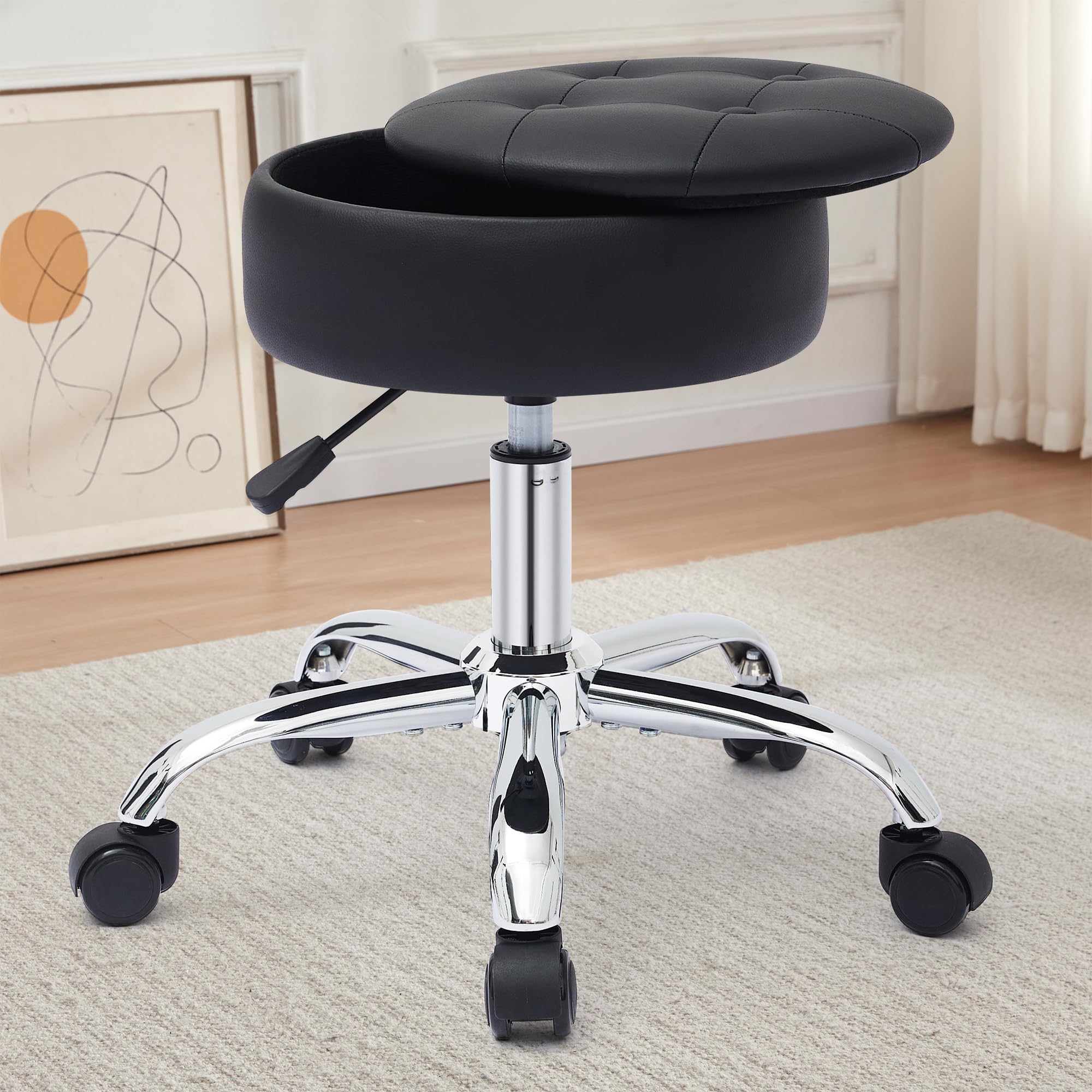 Vanity Chair with Wheels Adjustable Vanity Stool with Storage Swivel Vanity  Stool for Vanity Rolling Makeup Stool Chair Black