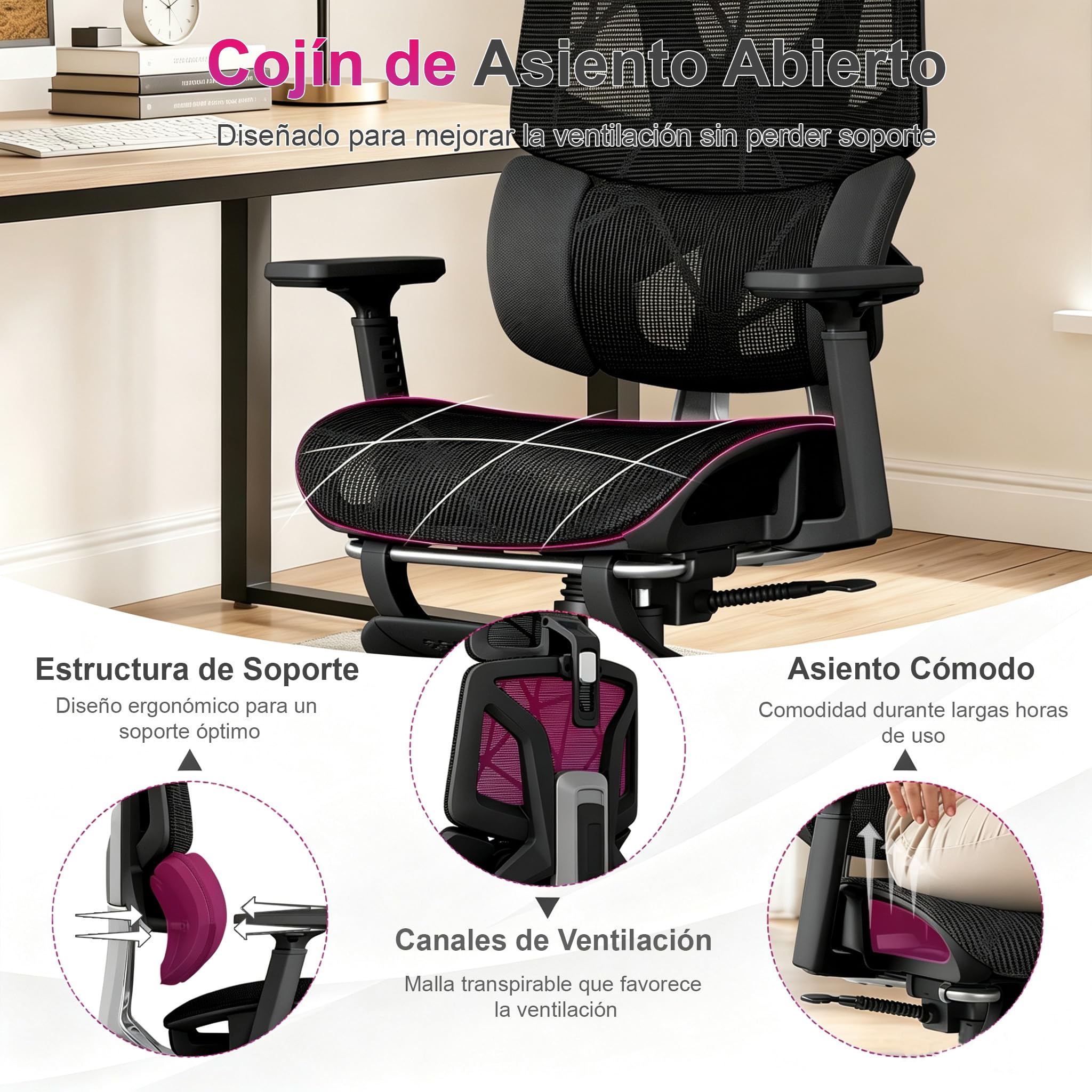Silla Ergonómica de Oficina con Soporte Lumbar de 3 Zonas y Reposapiés, Reposabrazos Ajustables y Reposacabezas, Silla de Malla Reclinable para Oficina en Casa, Estudio y Gaming, Negro