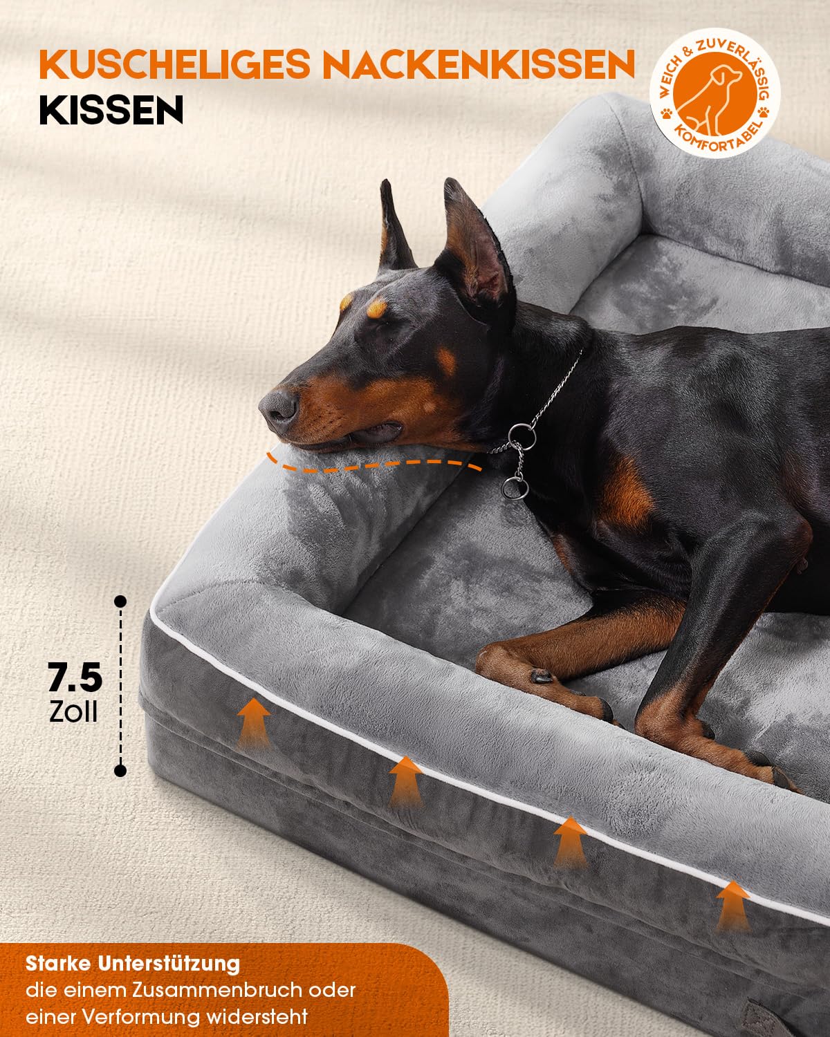 Upvilla Orthopädisches Hundebett XL, Hundekorb Waschbar mit Eierförmiger Kistenschaum，Wasserdicht Hundesofa mit rutschfeste Unterseite und Vierseitiges Kissen (Grau, L117xB76xH19cm)