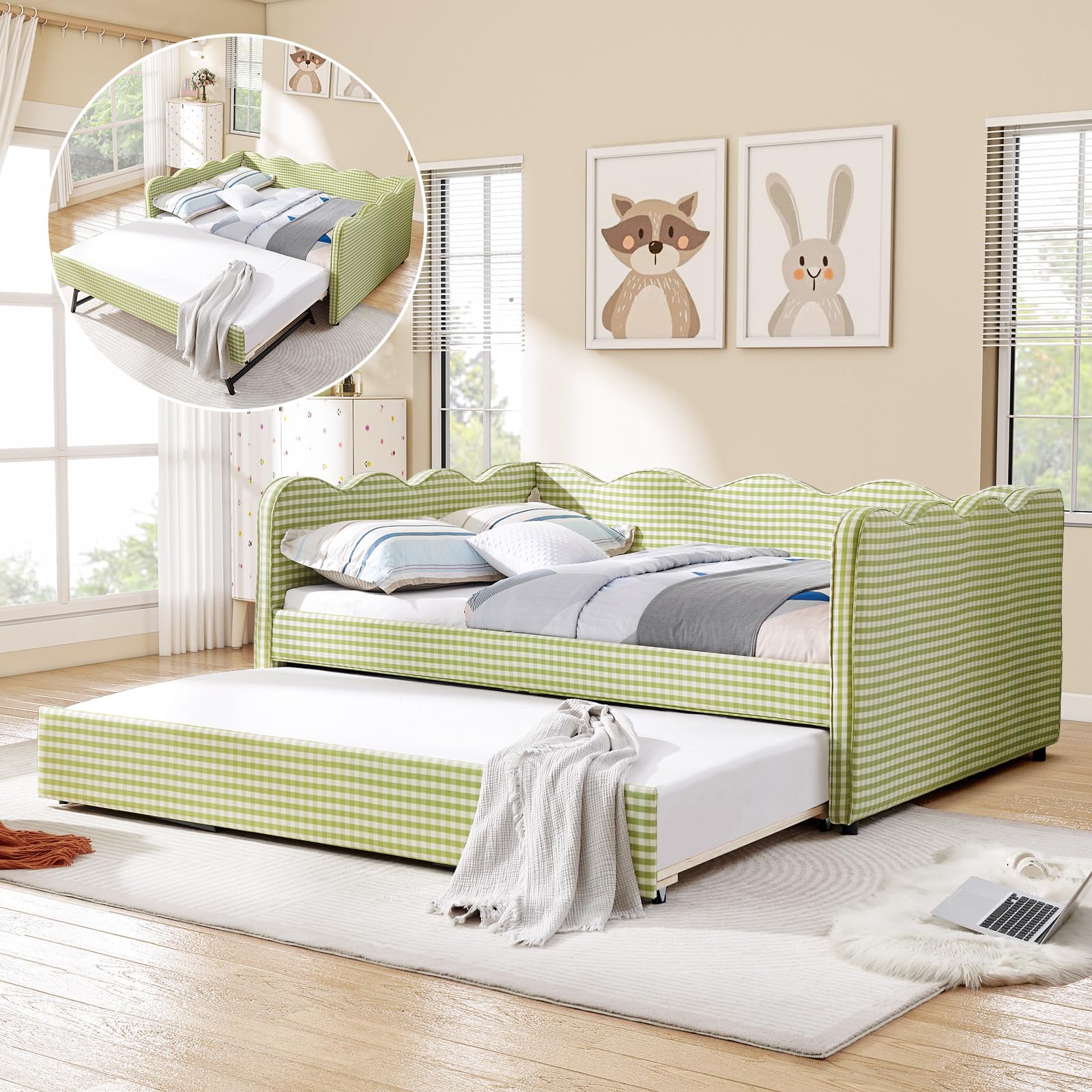 JEEOHEY Full Gingham Pop-Up Trundle Daybed