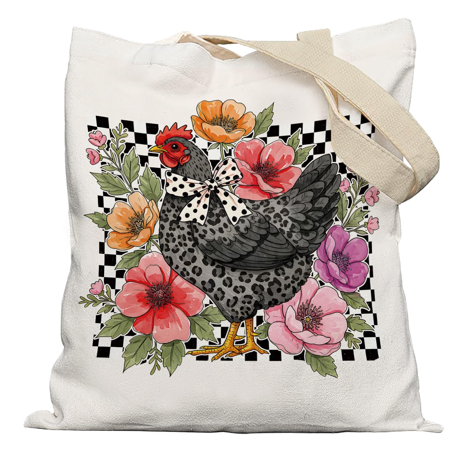 APJYM Chicken Tote Bag, Farmhouse Hens and Wildflowers Cottagecore Canvas Tote Bags for Women, Reusable Grocery Bags