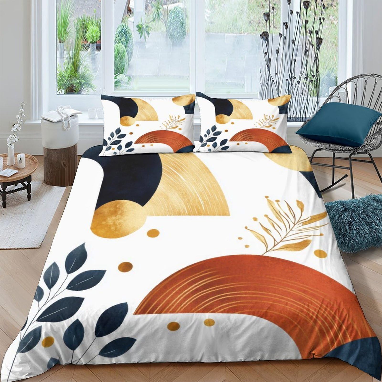 Ctjqhvkz Style-9 3D Printed Abstract Geometric Fitted Sheet Microfiber Orange Black Gold Leaf Mattress Cover For Bedroom Guest Room Single（135X200cm）
