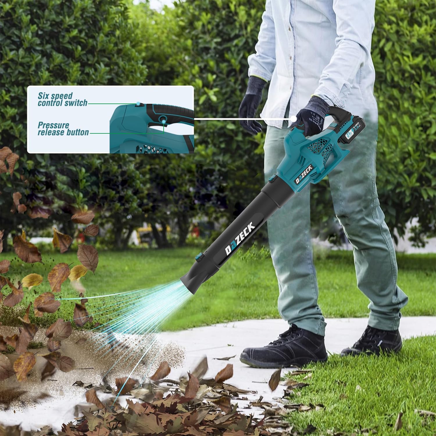 Close-up of the DAZECK leaf blower handle showing the six-speed control switch and pressure release button.