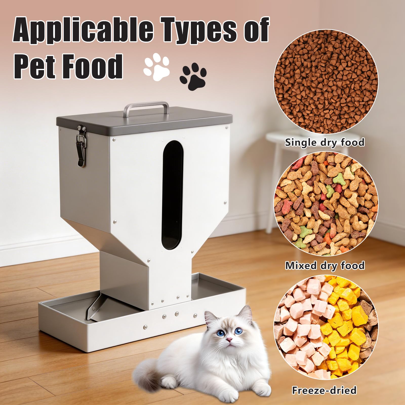 Comedero automático para gatos para 2 mascotas, 12 L de metal para mascotas, dispensador de comida seca con doble embudo, gran capacidad, gravedad, comedero para perros y gatos