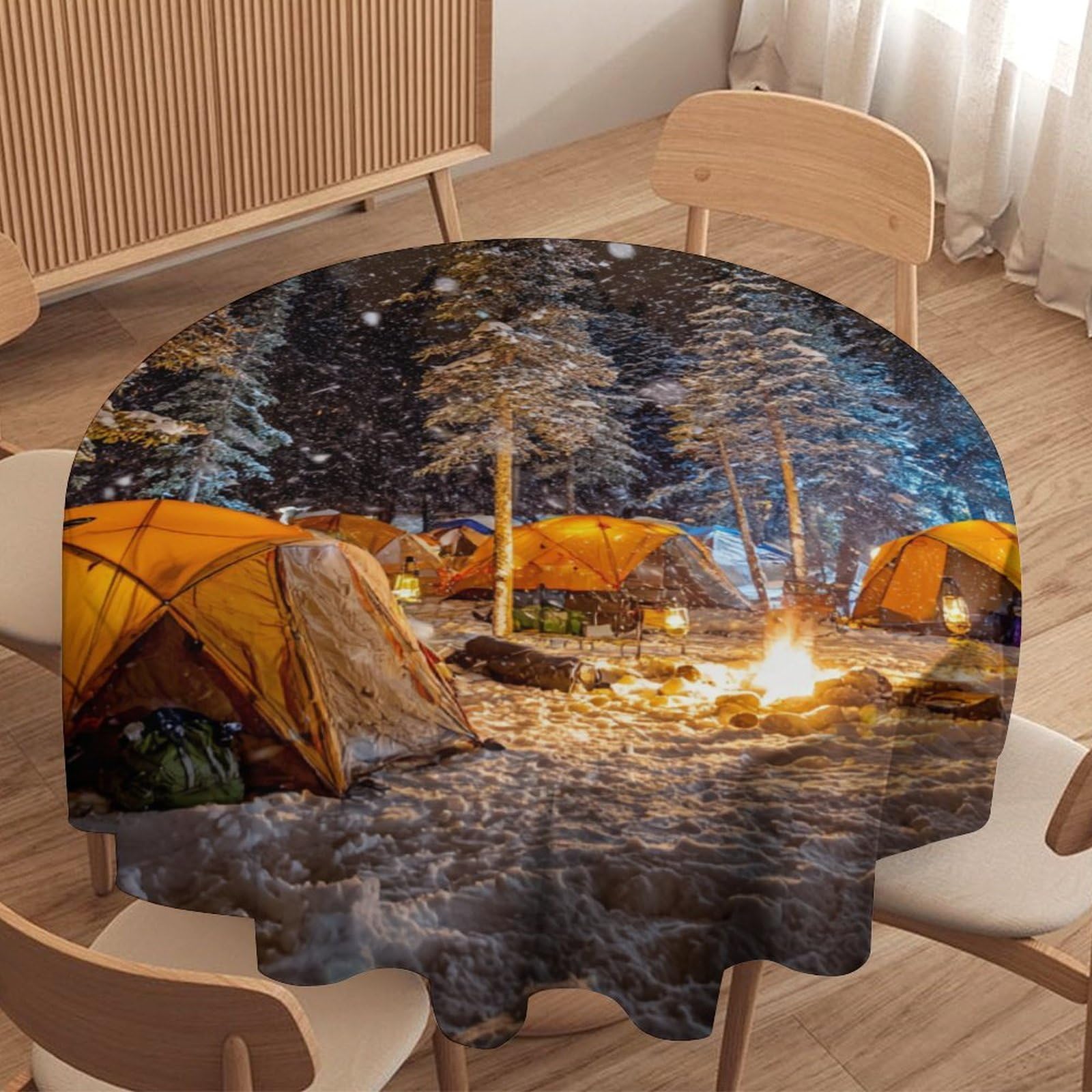 LUYYSKY Funny Classic Winter Camping Round Tablecloth Modern Art Snowy Forest Campfire Tent Pattern Washable Decor for Table Cover for Kitchen-91.4" Wx91.4 L cm