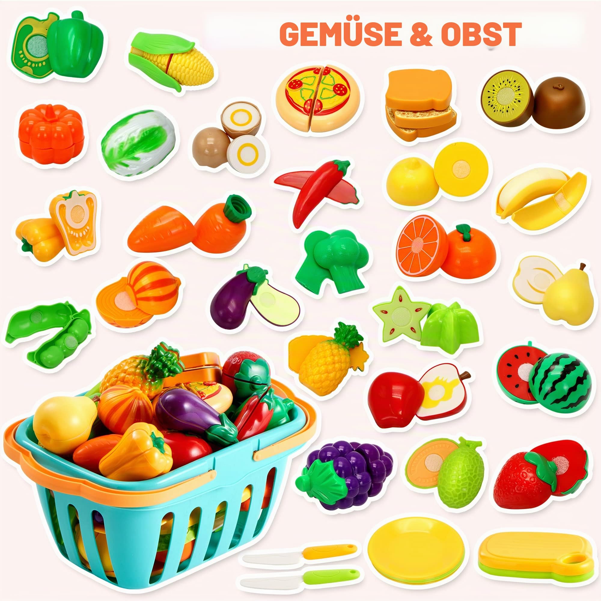 JOYIN 68-teiliges Spielzeug-Lebensmittel-Set zum Schneiden für Kleinkinder – Küchenspielzeug, Gemüse-und Obst-Spielzeug, Aufbewahrungskorb & Schneidezubehör, Geschenk für Jungen und Mädchen