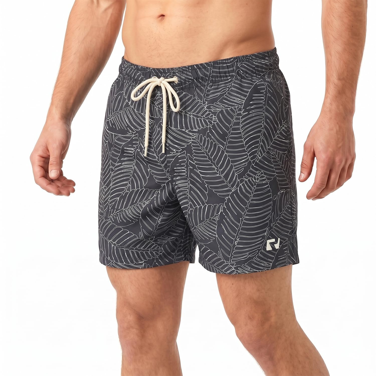RIPT Men’s Quick Dry Swim Shorts with Mesh Lining Drawstring Waist UV50 Sun Protection Beach & Swimming Trunks (Navy Leaf Print, XL)