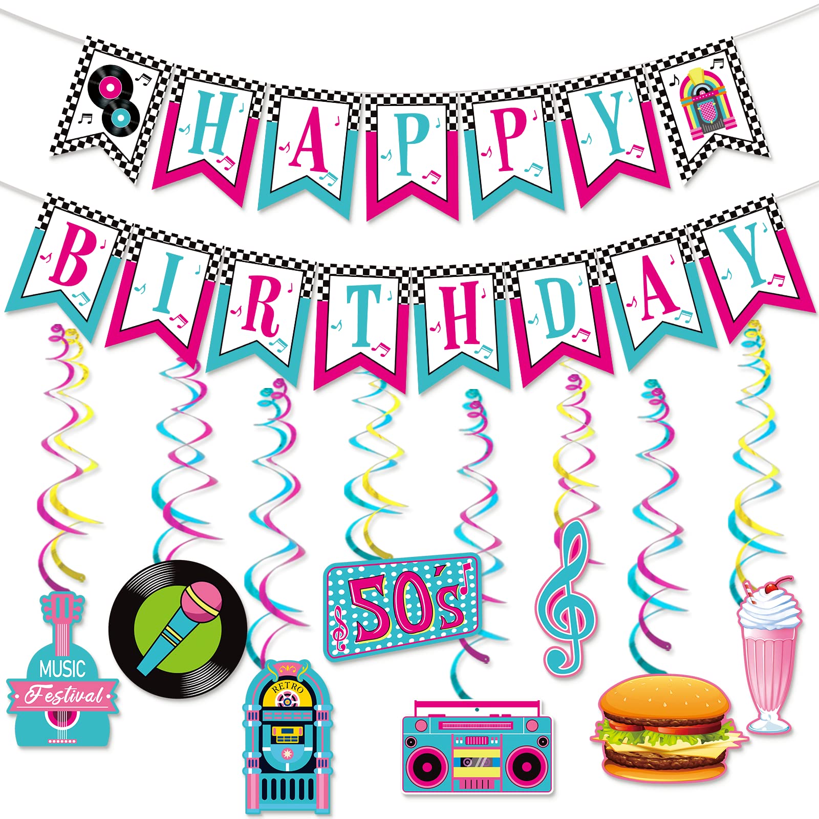 1950s Happy Birthday Banner and 50s Hanging Swirls Decorations, Sock Hop Party Decorations for Elder