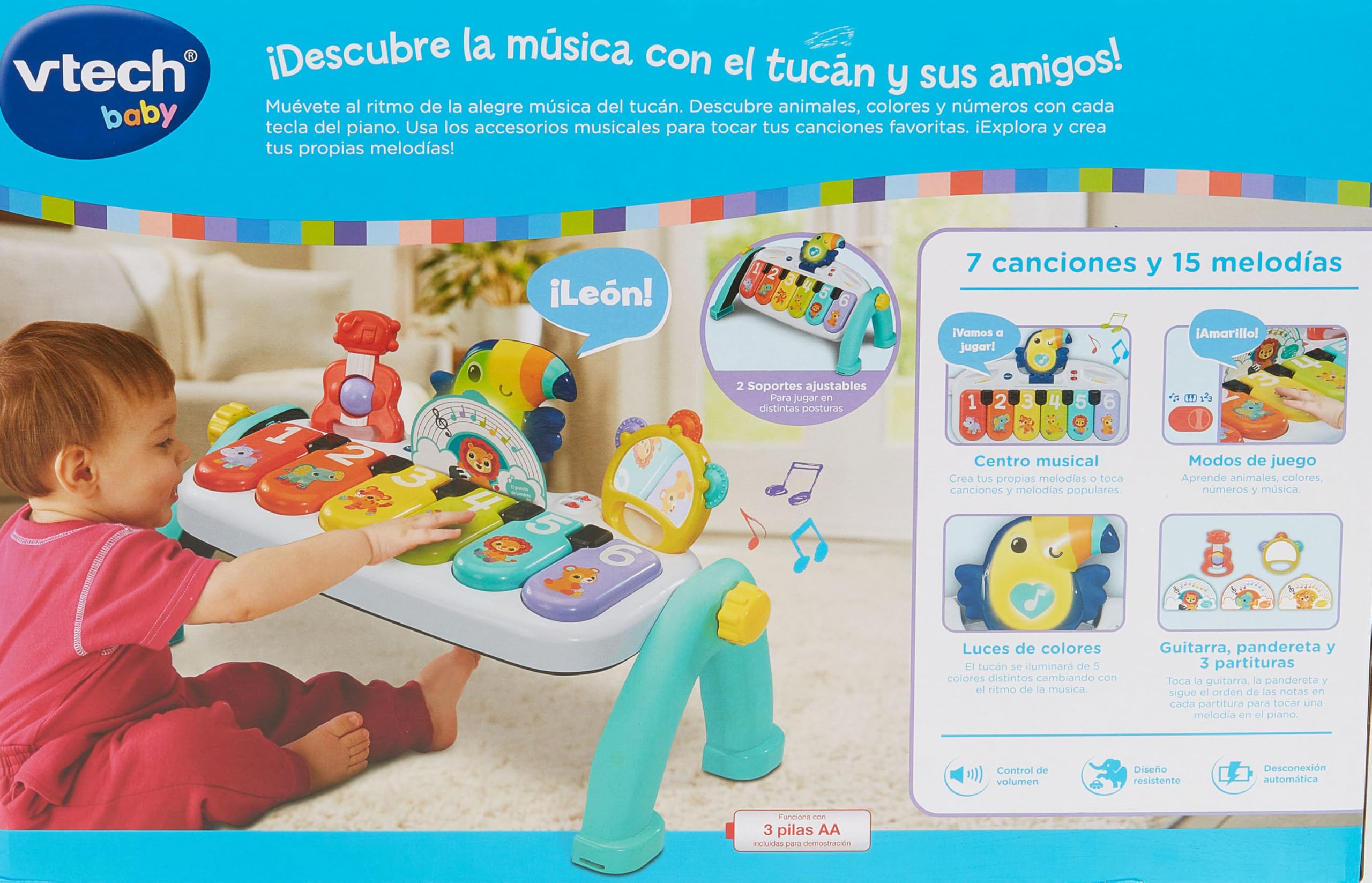 VTech-Baby Piano Multicolor Banda Musical, Juguete bebés +9 Meses, Piano Interactivo Desmontable, Evolutivo, Teclas con Luces y Sonidos, Enseña Números, Colores y Animales, Versión ESP
