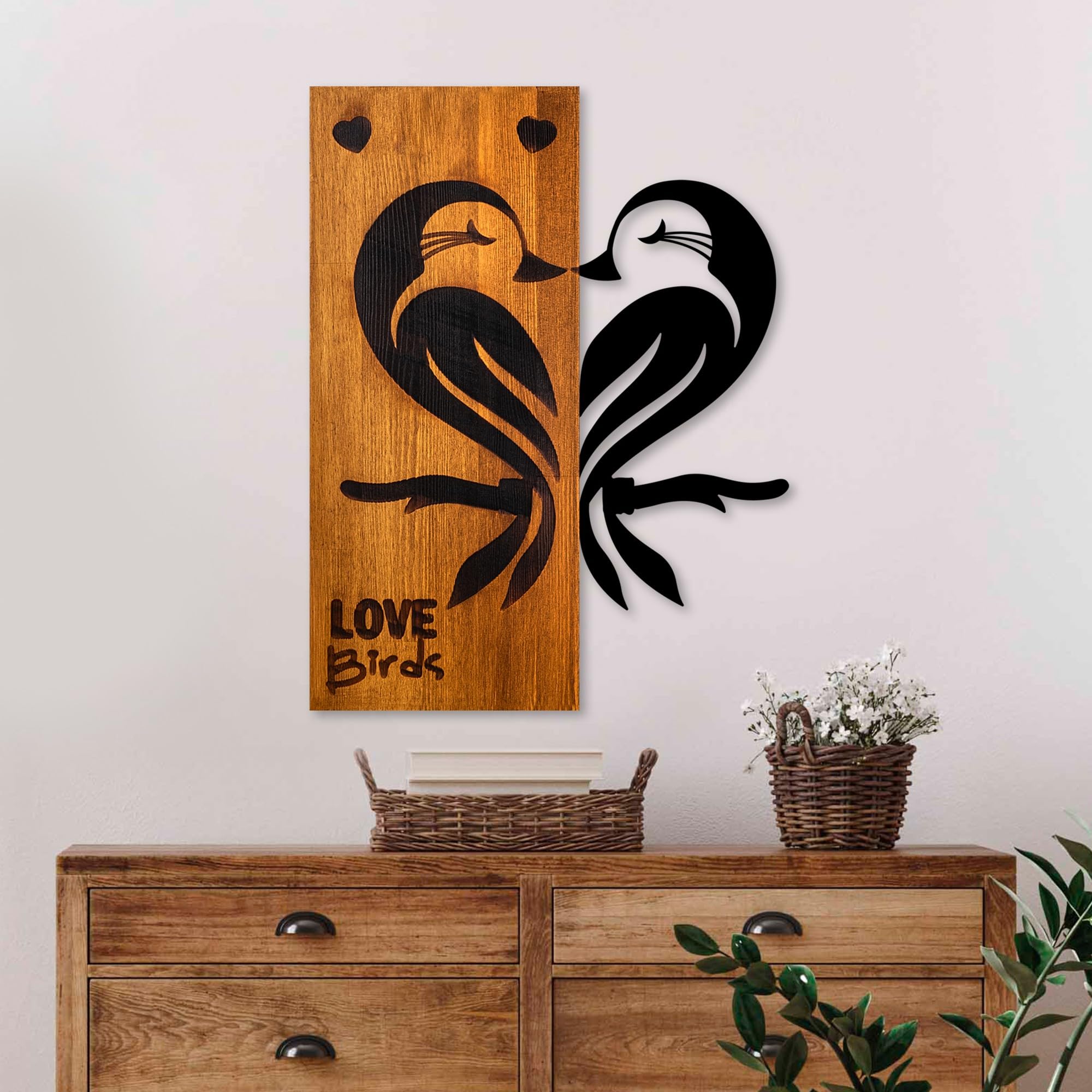 Elegant Decorative Wooden Wall Accessory, Walnut & Black, 45 x 58 x 3 cm, 100% Wood (3 cm) & Metal (1.5 mm), Unique Design for Stylish Home Decor