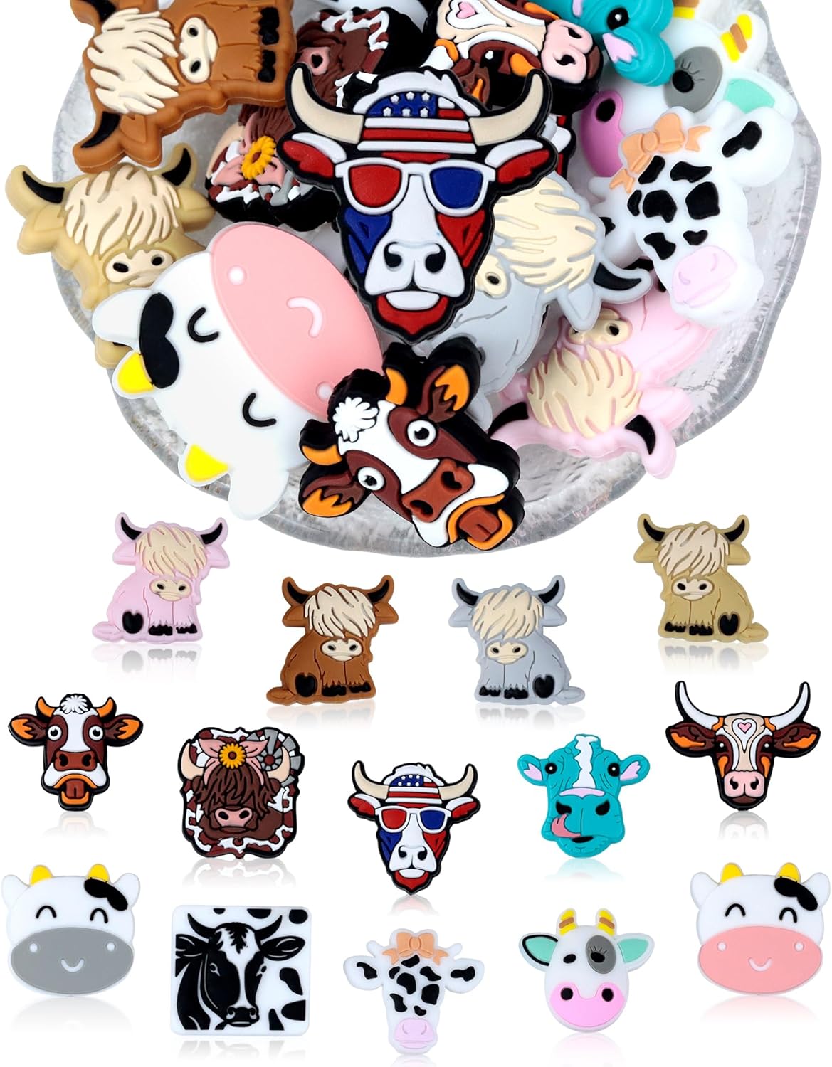 14PCS FIVEIZERO Cow Focal Beads and Animal Silicone Beads for Keychains, Bracelets, and Various Crafts, Includes Cow Designs for DIY Projects, Pens and Accessories