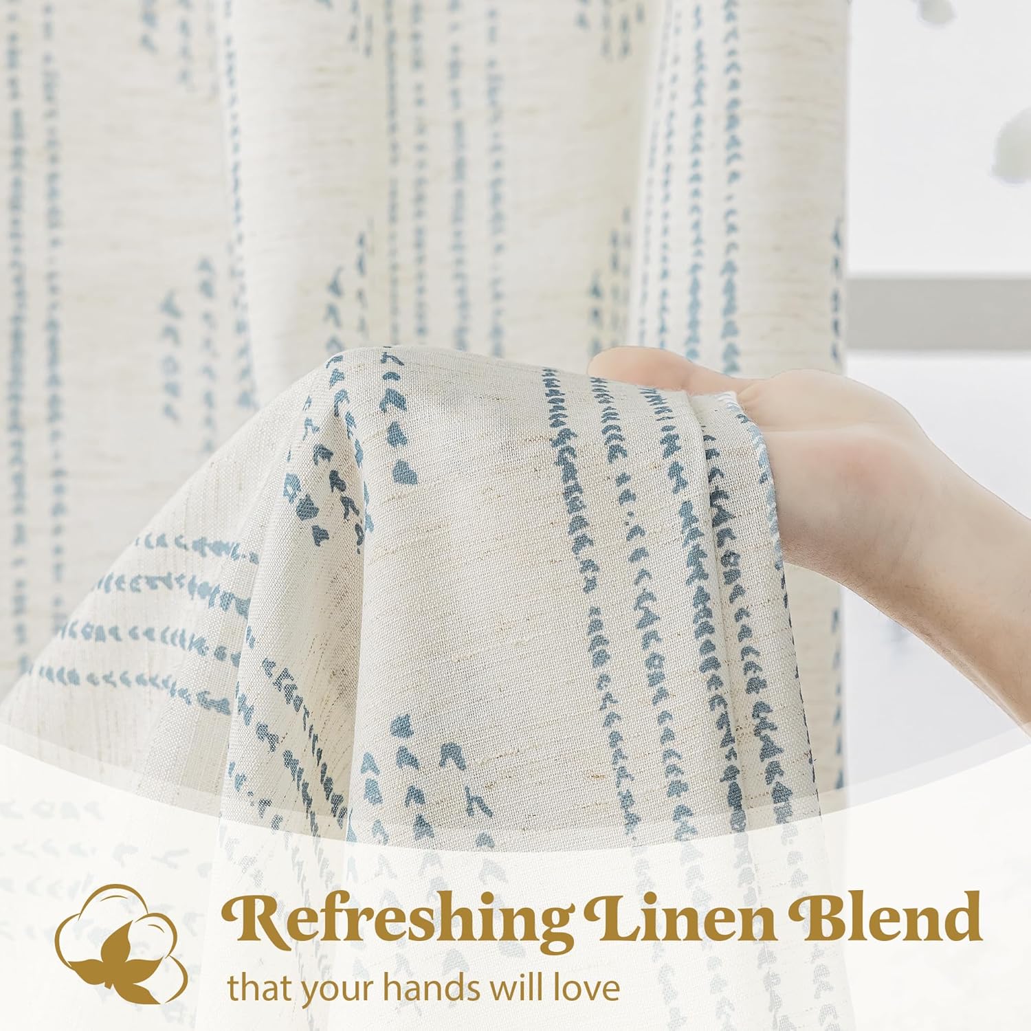 Boho Curtains for Bedroom Living Room Blue Farmhouse Boho Curtains 84 Inches Long Geometric Striped Patterned Mudcloth Grommet Top Light Filtering Window Drapes 2 Panels Blue on Beige