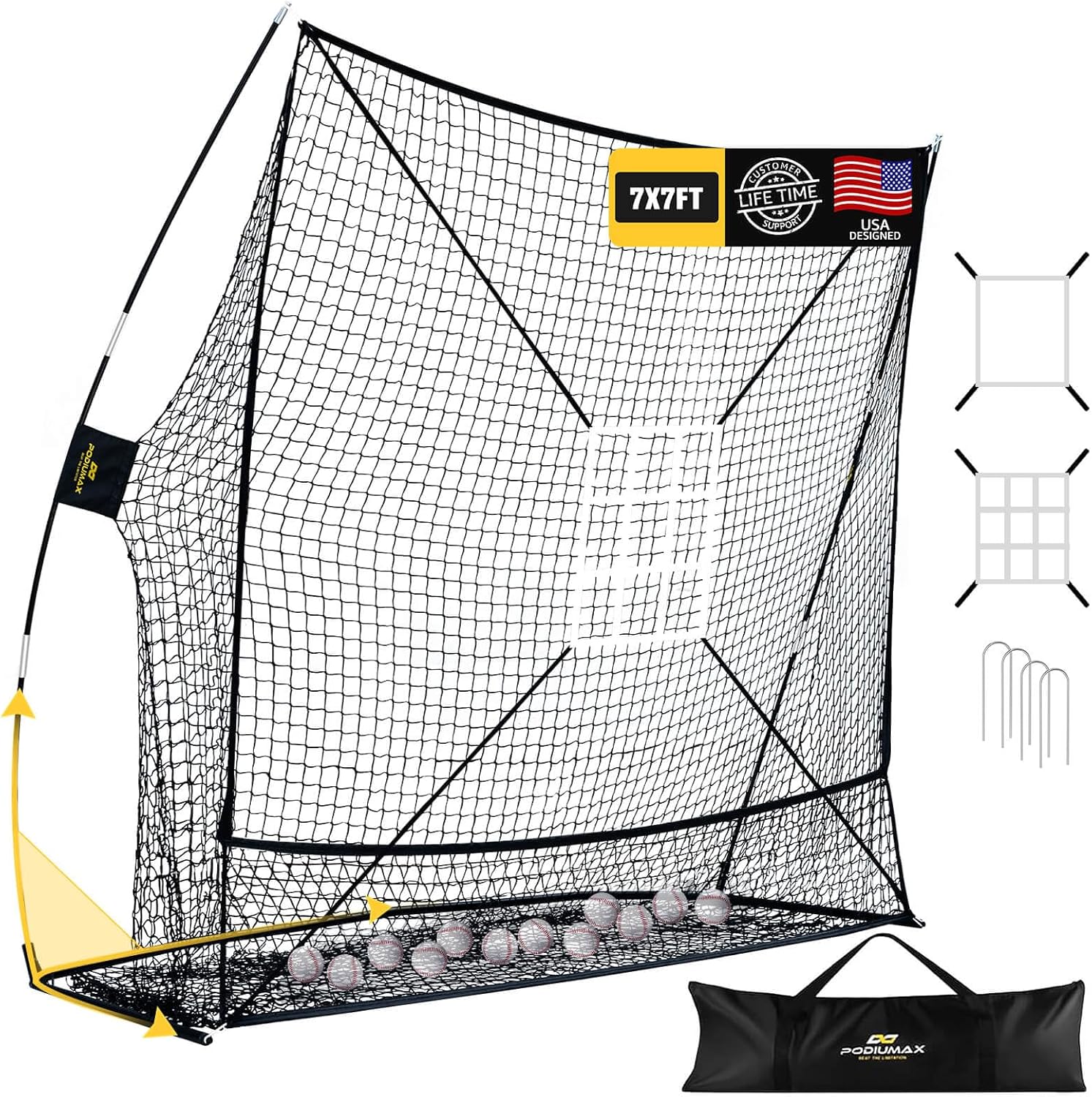 PodiuMax 7x7 Baseball & Softball Net with Upgraded Triangular Base, Large Ball Collection System, Softball Pitching Net with 2 Strike Zone, Baseball Nets for Batting Pitching Fielding
