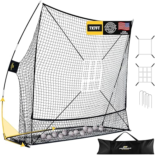 PodiuMax Red de béisbol y sóftbol de 7x7 con base triangular mejorada, sistema de recolección de pelotas grande, red de lanzamiento de sóftbol con 2