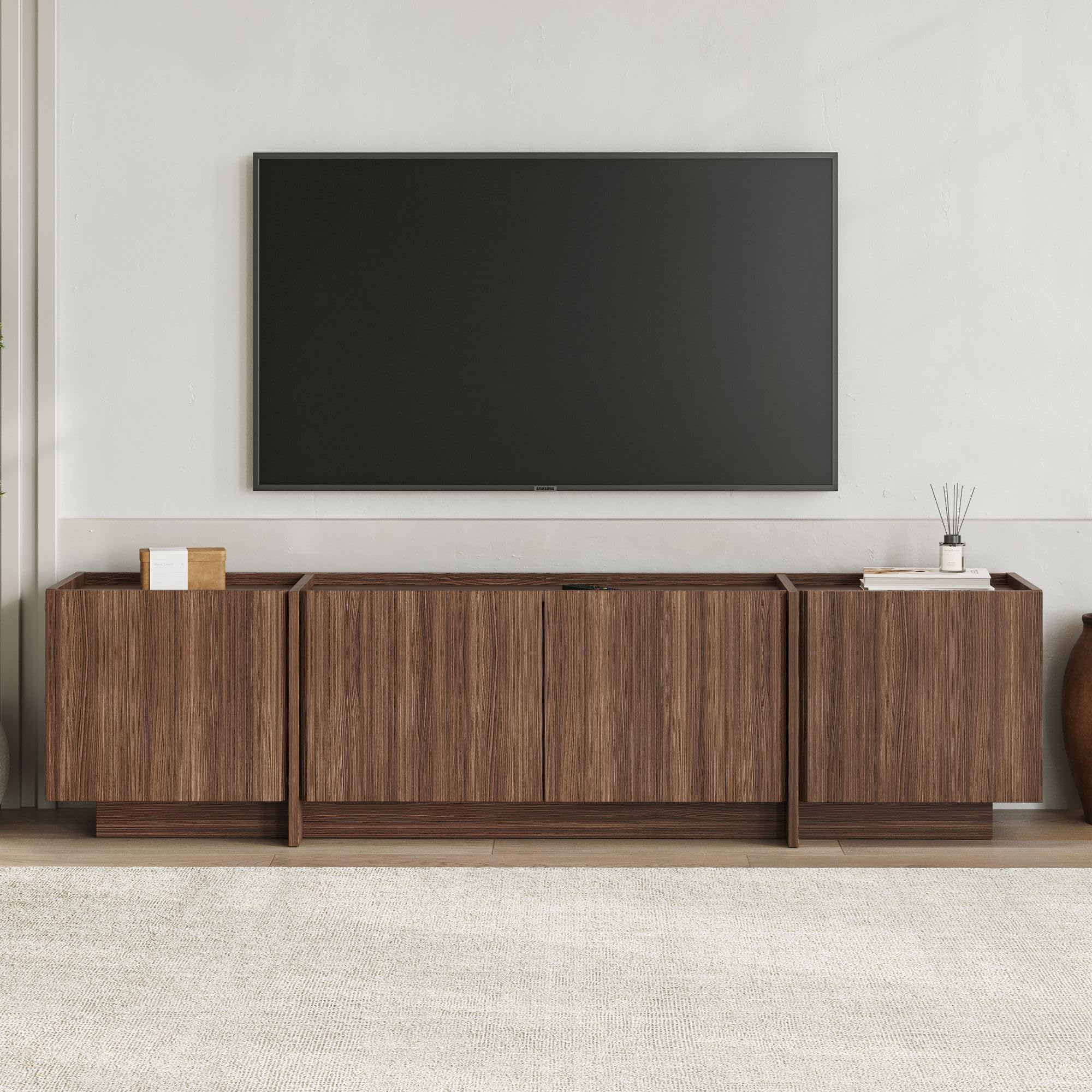 Modernes TV-Möbel, Milano Walnut, 180 cm x 46 cm x 35 cm | 100% melaminbeschichtete Spanplatte, 18 mm dick | Soft-Close-Scharniere, stilvoll & funktional für Wohnzimmer & Unterhaltungsbereiche