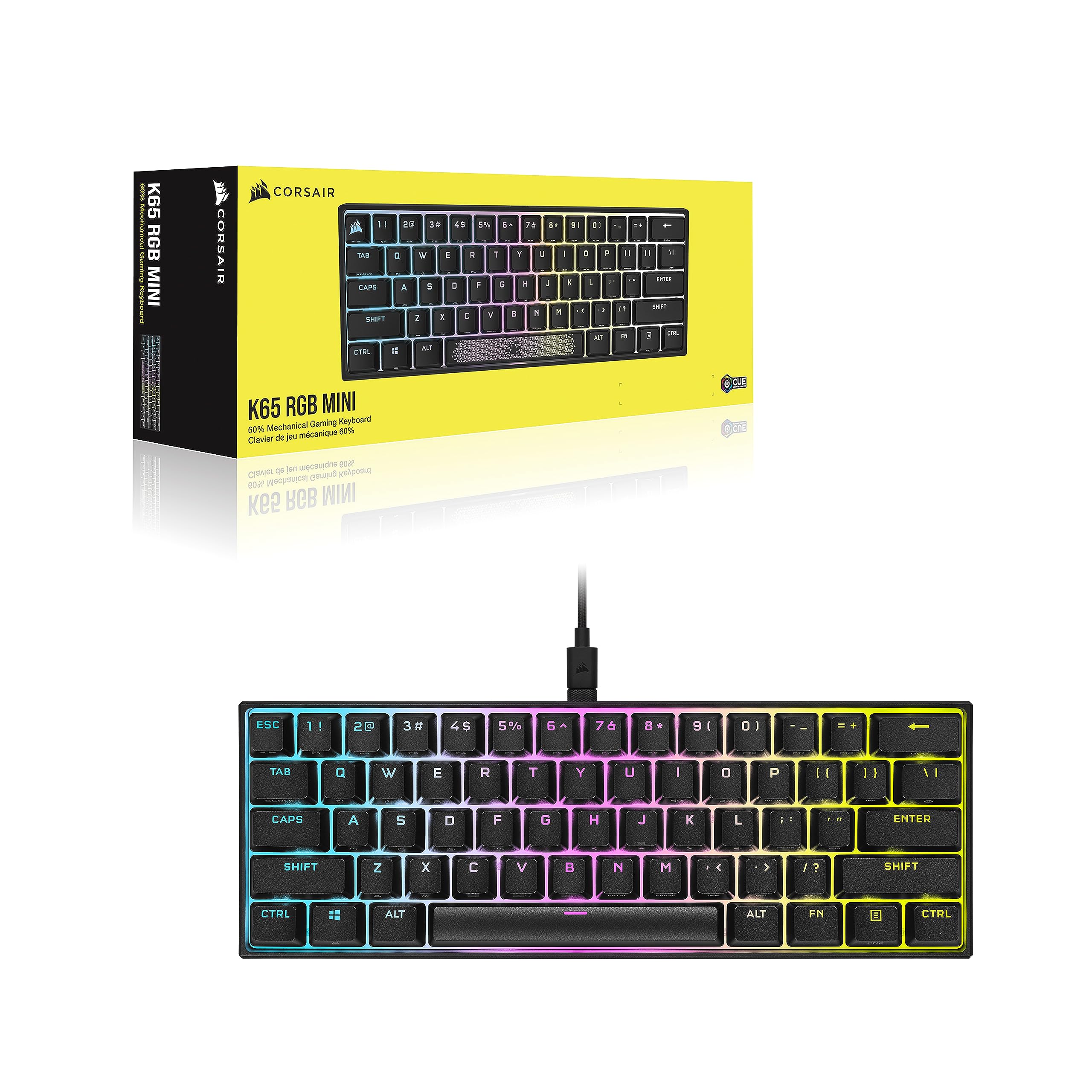 Corsair K65 RGB MINI 60% Teclado Mecánico con Cable para Juegos - Interruptores CHERRY MX ROJO - Teclados PBT Double-Shot - Compatible con iCUE - QWERTY ES - PC, Mac, Xbox - Negro