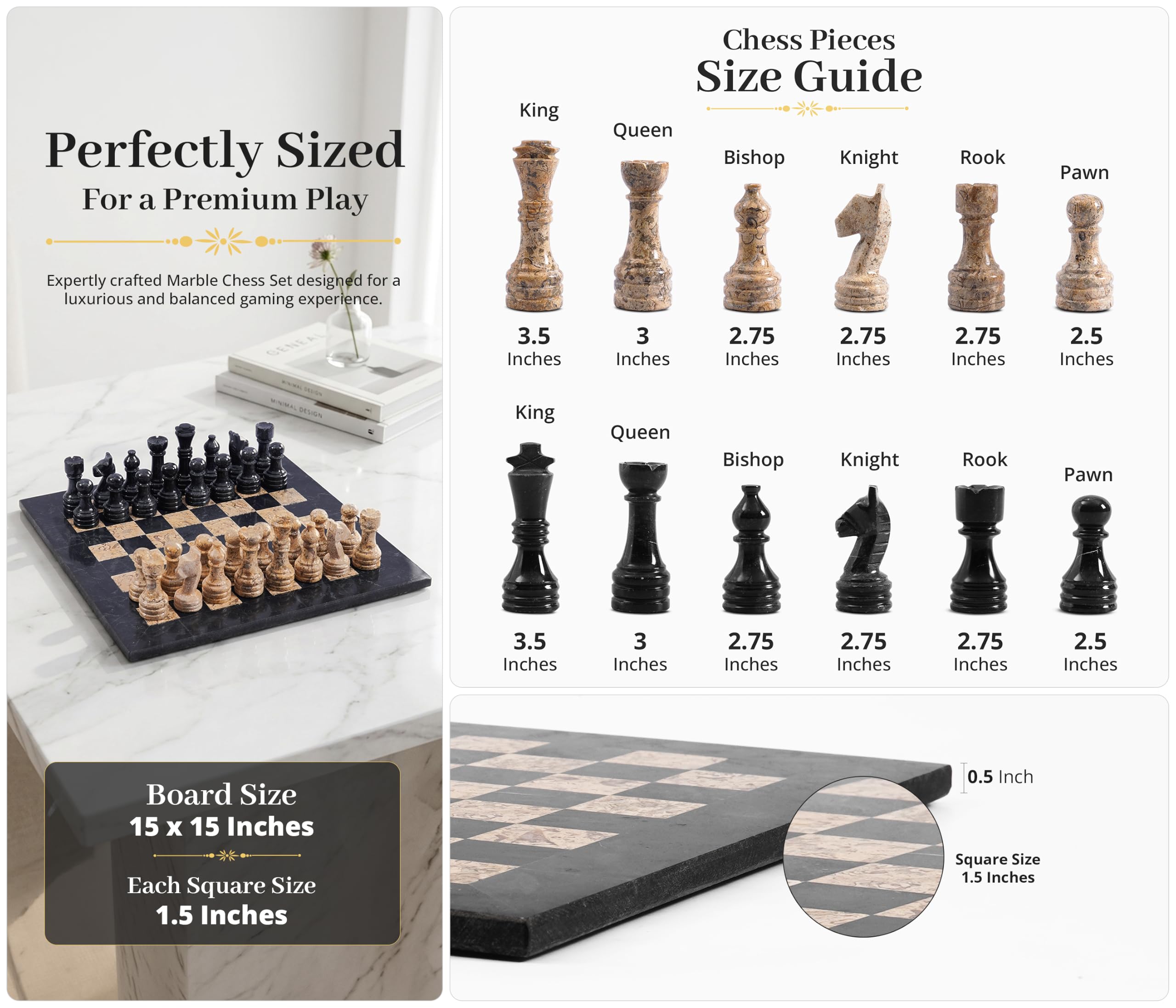 RADICALn Set da 38 cm di scacchi in marmo nero e fossile, stile Staunton e ambasciatore, set da torneo, non magnetico, non backgammon, per 2 giocatori, età minima 96 mesi, adatto a tutti