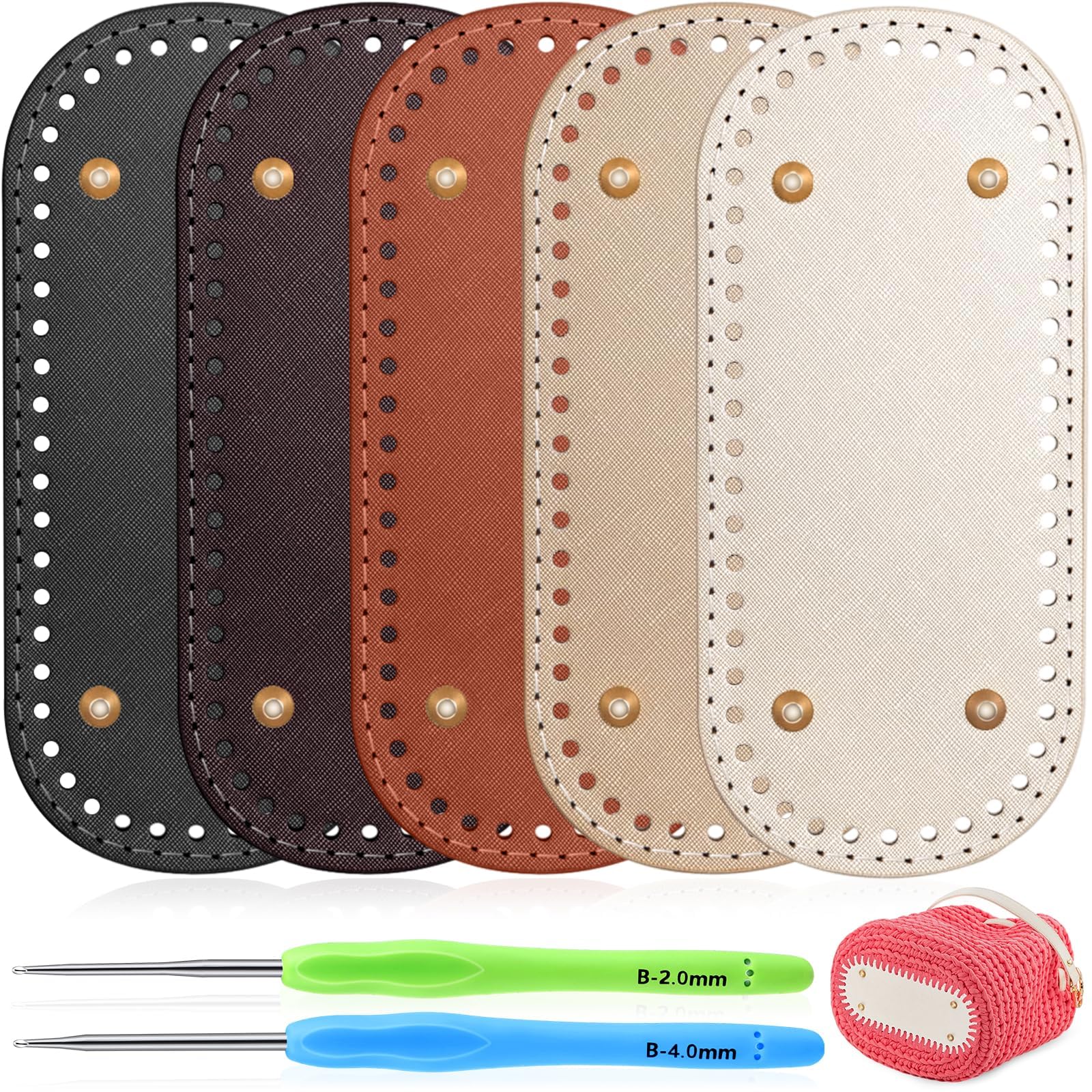 OYOSONABYMY 5 Pcs Classic Color PU Leather Crochet Bag Base, DIY Bag Making Supplies Kit with 2 Crochet Hooks, Oval Basket Bottom Replacement for Handmade Bags & Pouches-image-35