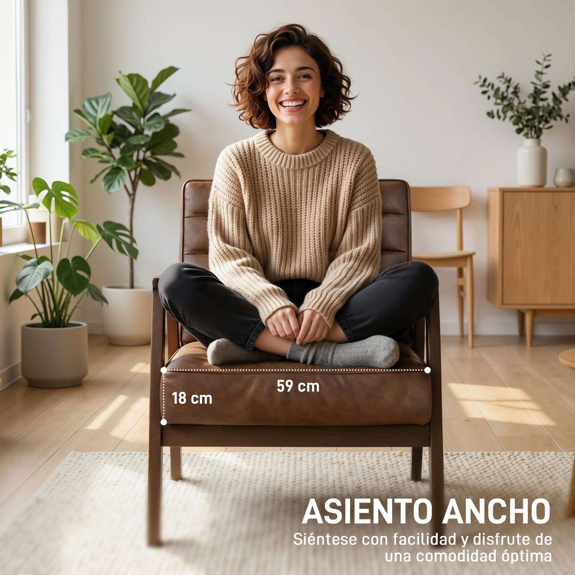 HOMCOM Butaca de Salón, Tapizado en PU, Sillón Lectura con Marco de Madera Maciza, Asiento Acolchado, Asiento Amplio, Butaca para Sala de Estar, Dormitorio, Marrón