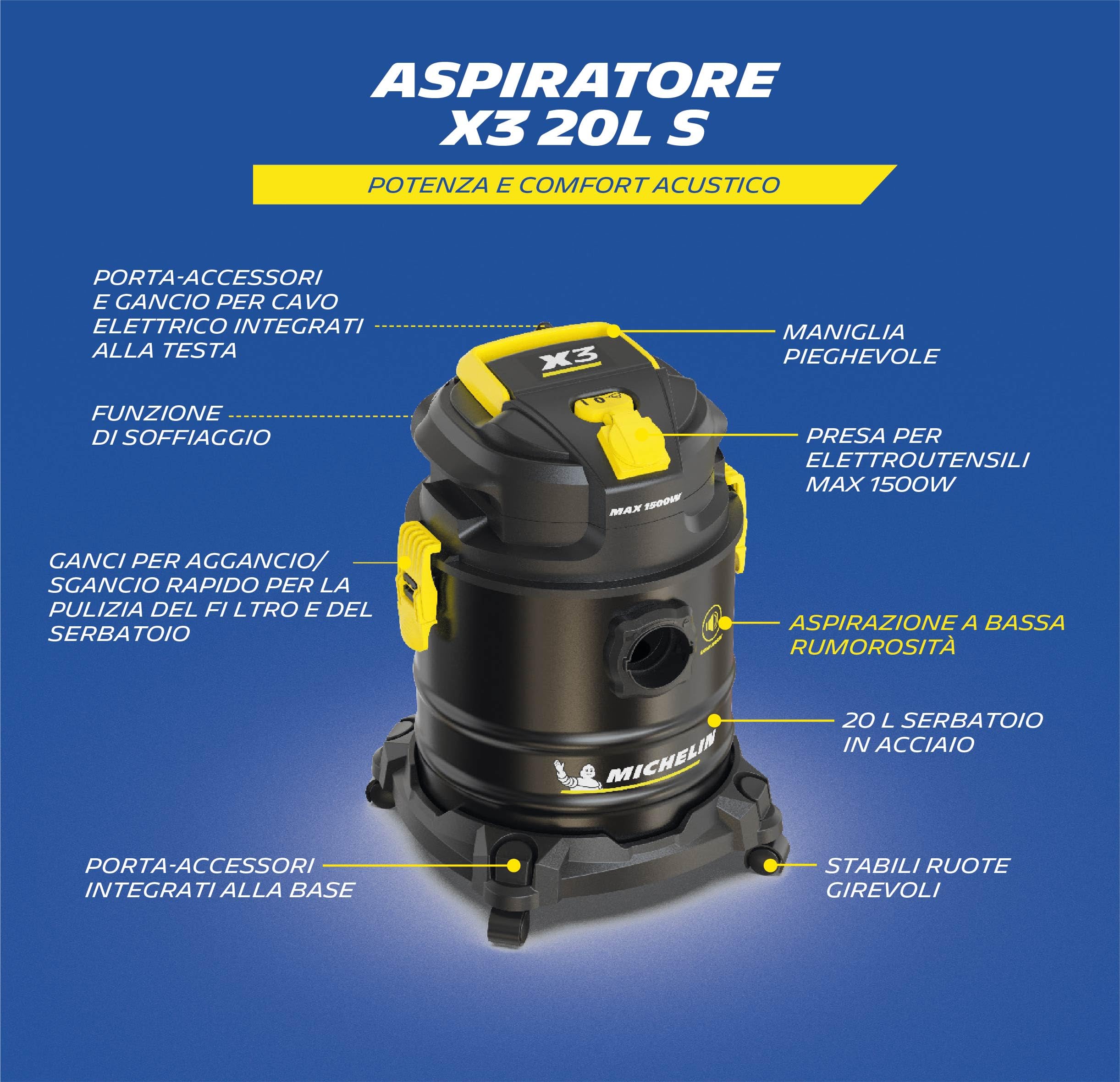 Michelin, Aspirador sólido y líquido X3 20L S, Rango silencioso, Tanque de Acero de 20 L, con Toma eléctrica, 800 W, con Accesorios, función de soplado 18 kPa