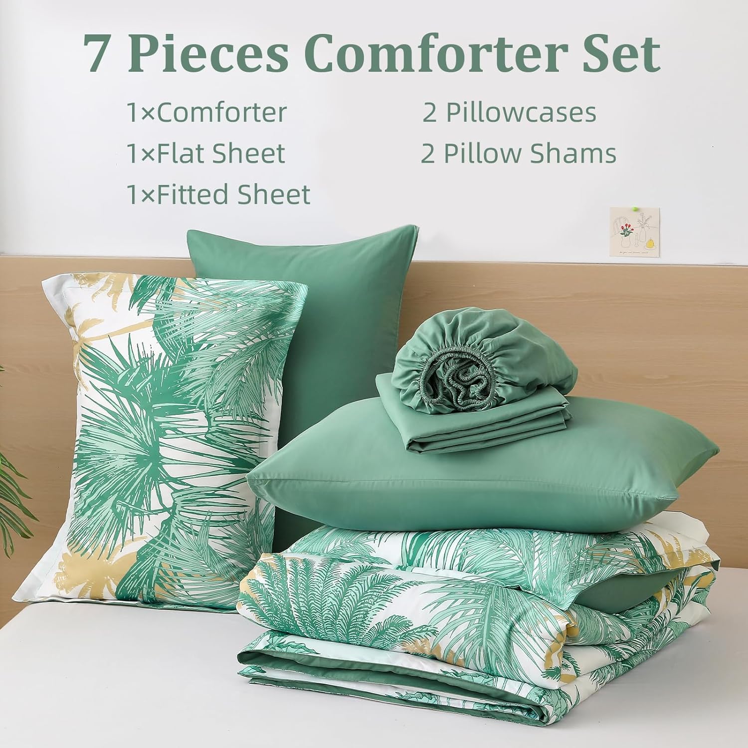 WONGS BEDDING Comforter Set Queen Size, 7 Pieces Aqua Botanical Bed in a Bag, Soft Microfiber Tropical Palm Tree Bedding Set with Queen Comforter, Flat Sheet, Fitted Sheet, Pillow Shams, Pillowcases