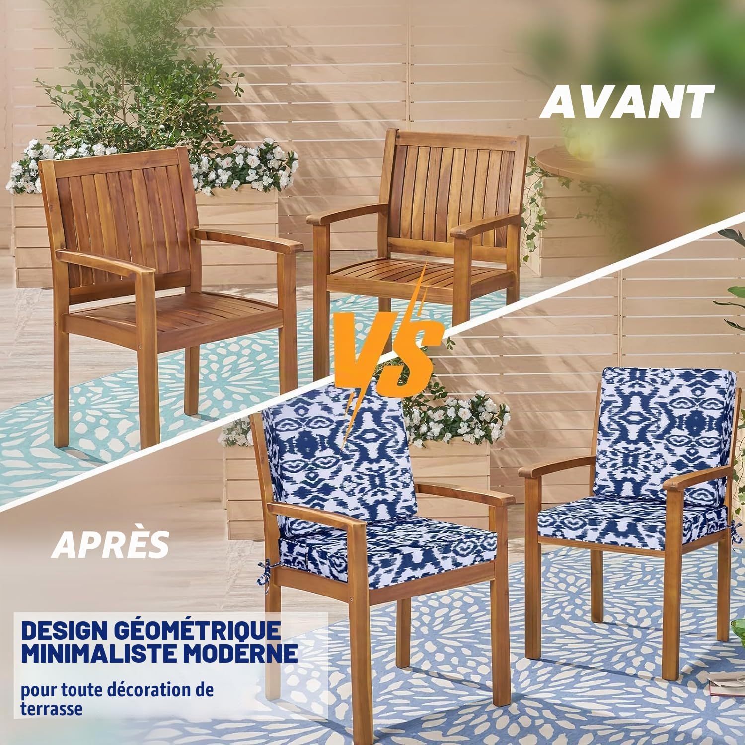 Lot de 2 coussins de chaise de jardin épais et imperméables pour mobilier d'extérieur avec attaches - 45 x 45 cm - Bleu marine