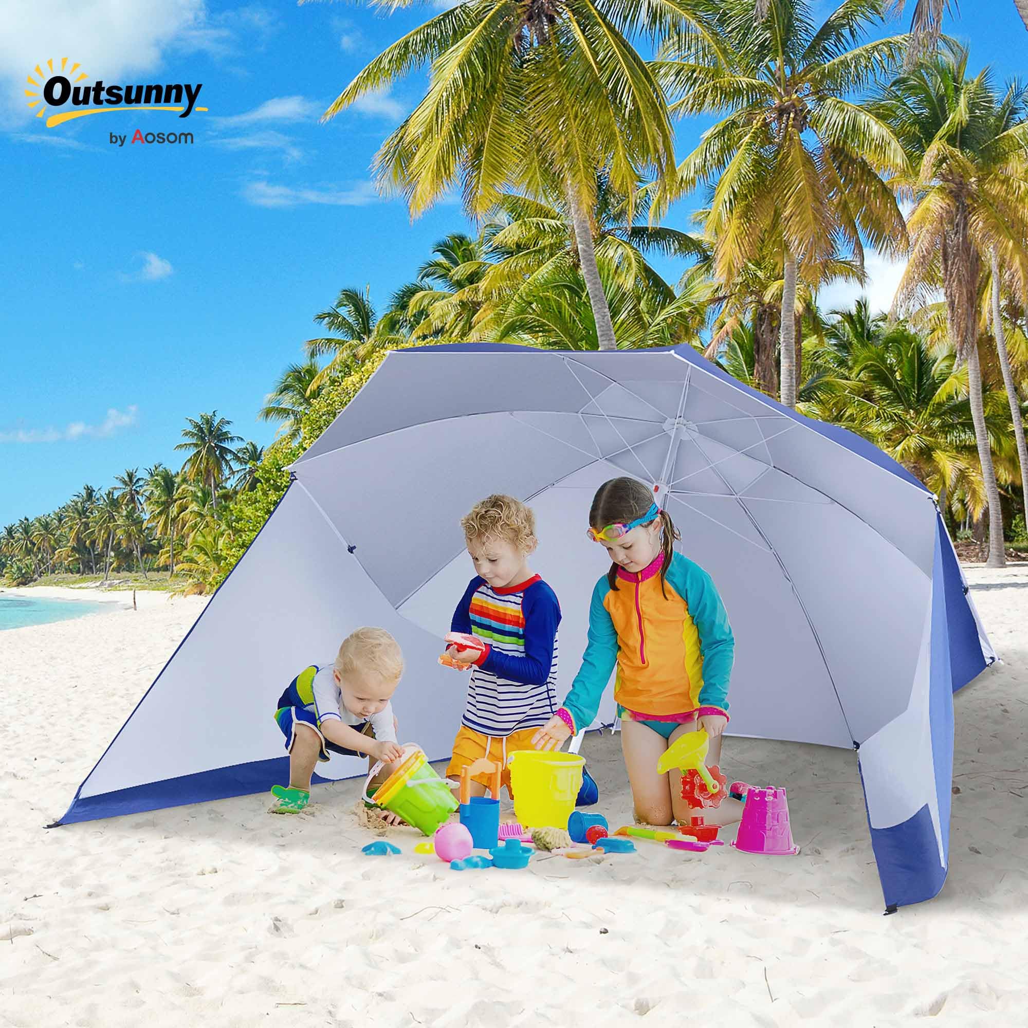 Outsunny Sombrilla de Playa 2 en 1 Parasol para Playa con 2 Paneles Laterales Toldo Portátil Anti-UV con Bolsa de Transporte para Jardín Piscina Ø210x222cm